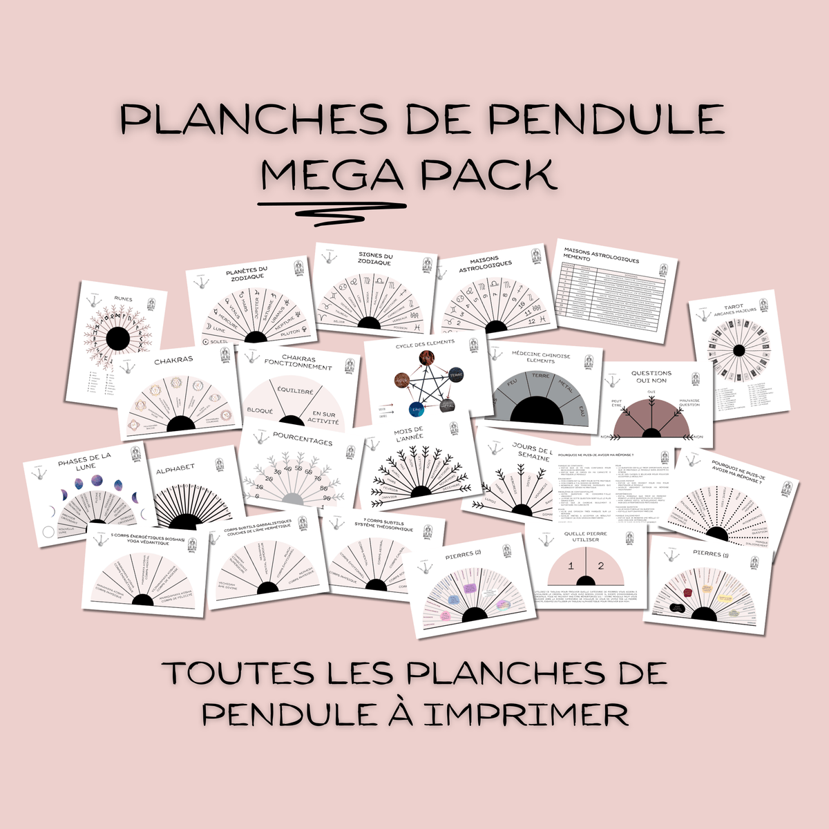 Pendulum charts MEGA pack, FRENCH language: all the printable dowsing charts for pendulum divination Baguette Magick