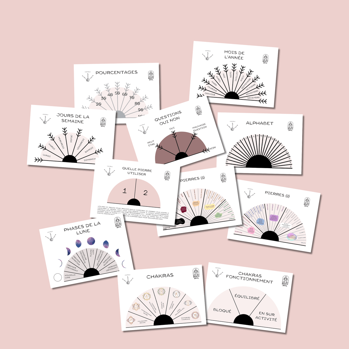 Pendulum charts MEGA pack, FRENCH language: all the printable dowsing charts for pendulum divination Baguette Magick