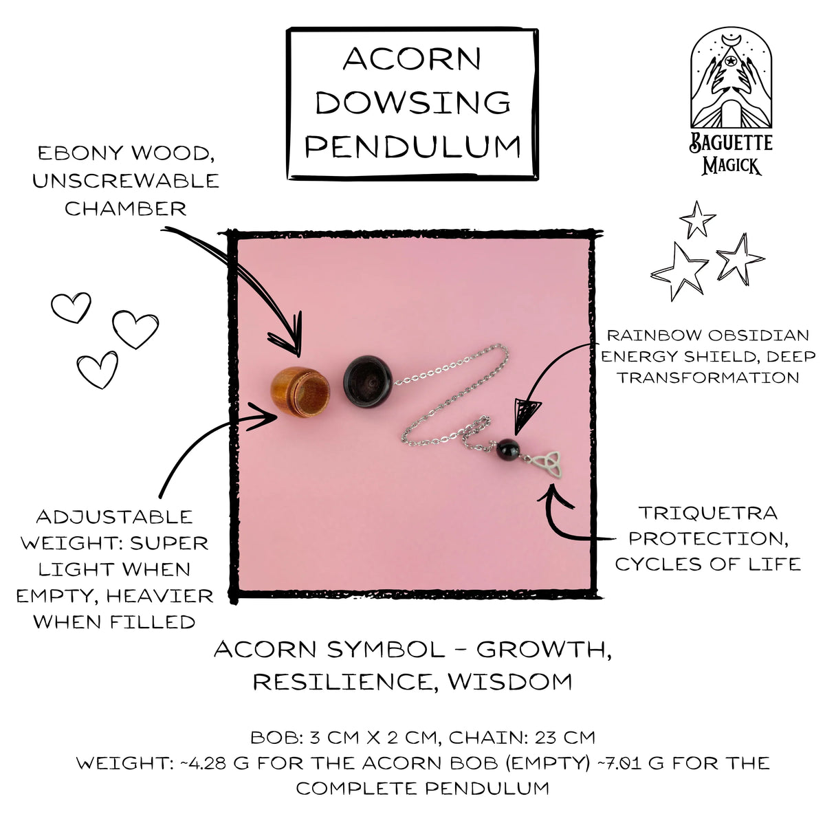 Acorn chamber pendulum, Ebony, Rainbow Obsidian and stainless steel Baguette Magick