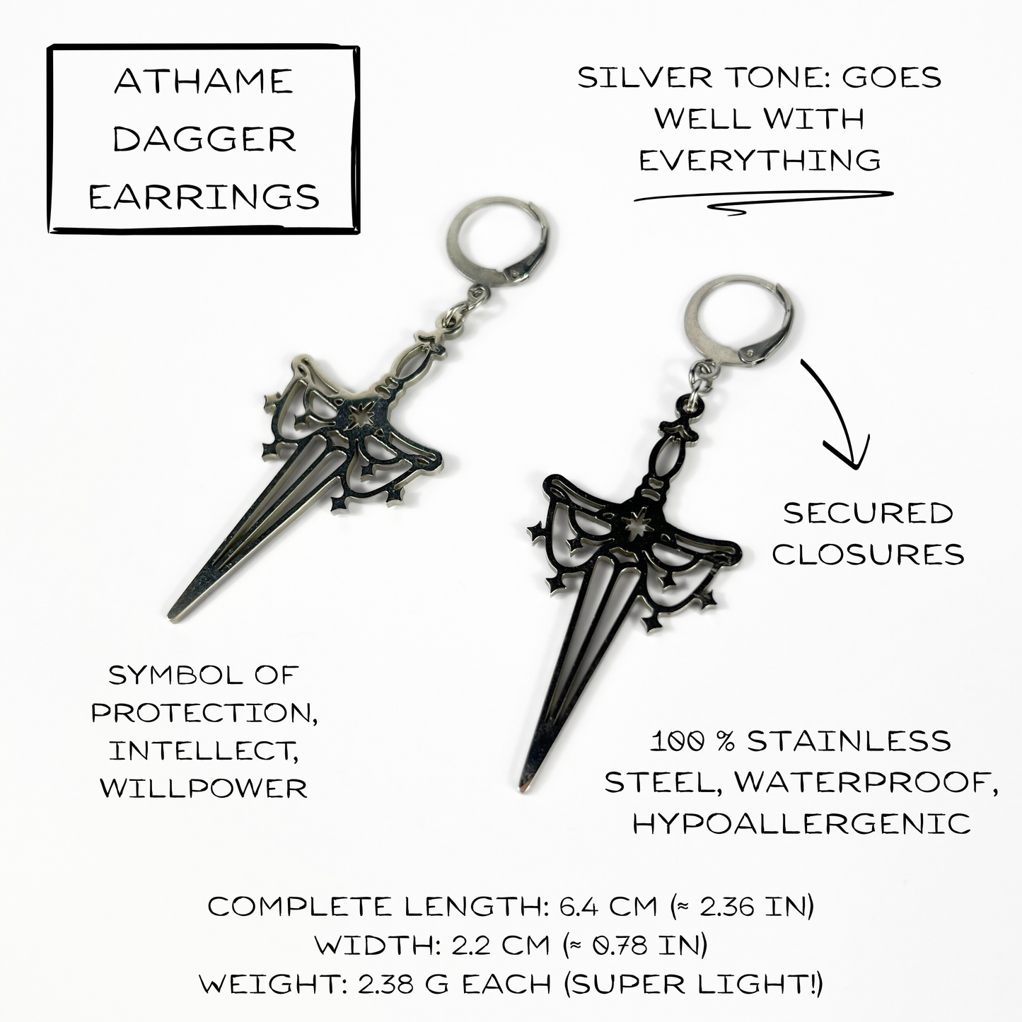 Athame dagger earrings, silver tone stainless steel Baguette Magick