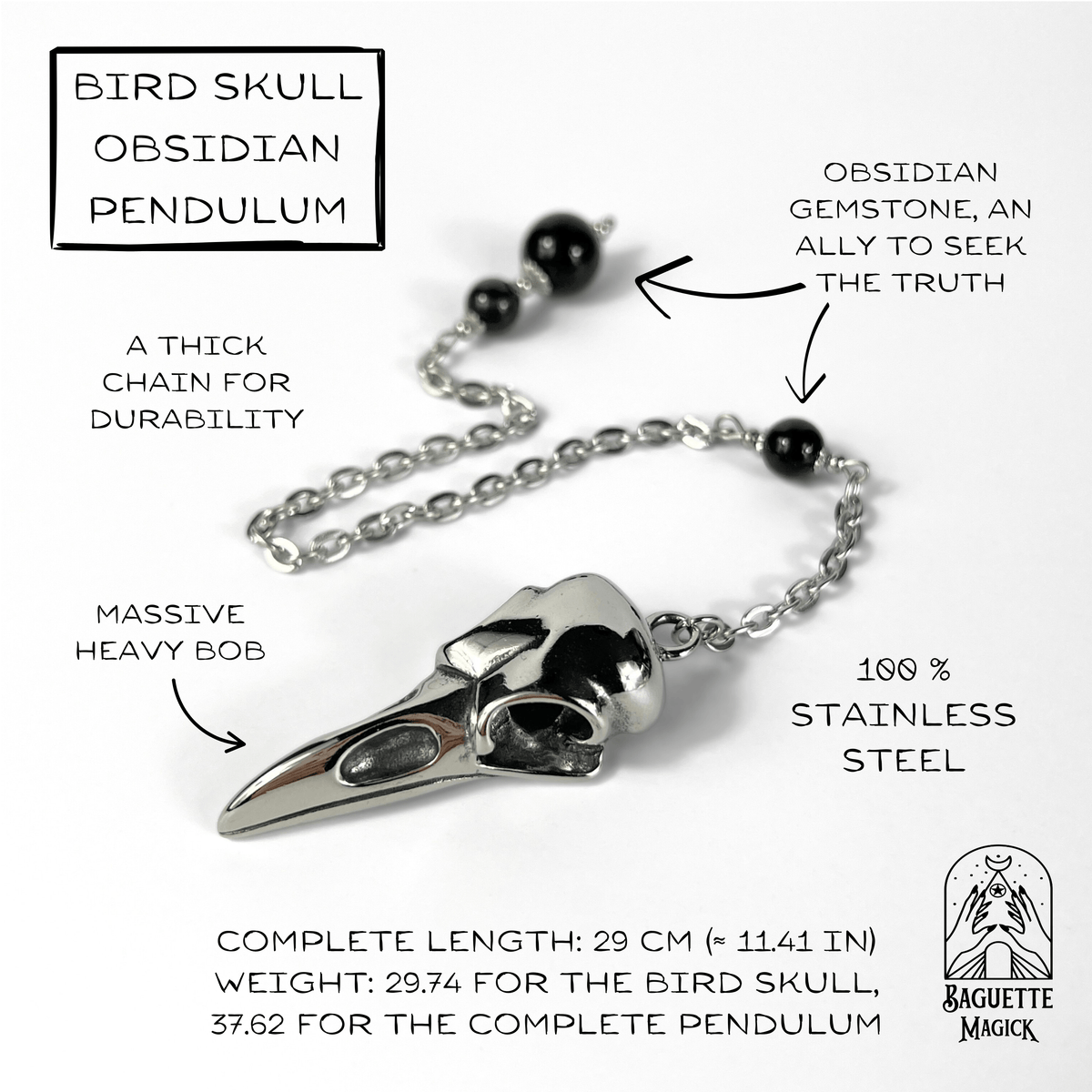 Raven skull and obsidian dowsing pendulum, stainless steel Baguette Magick