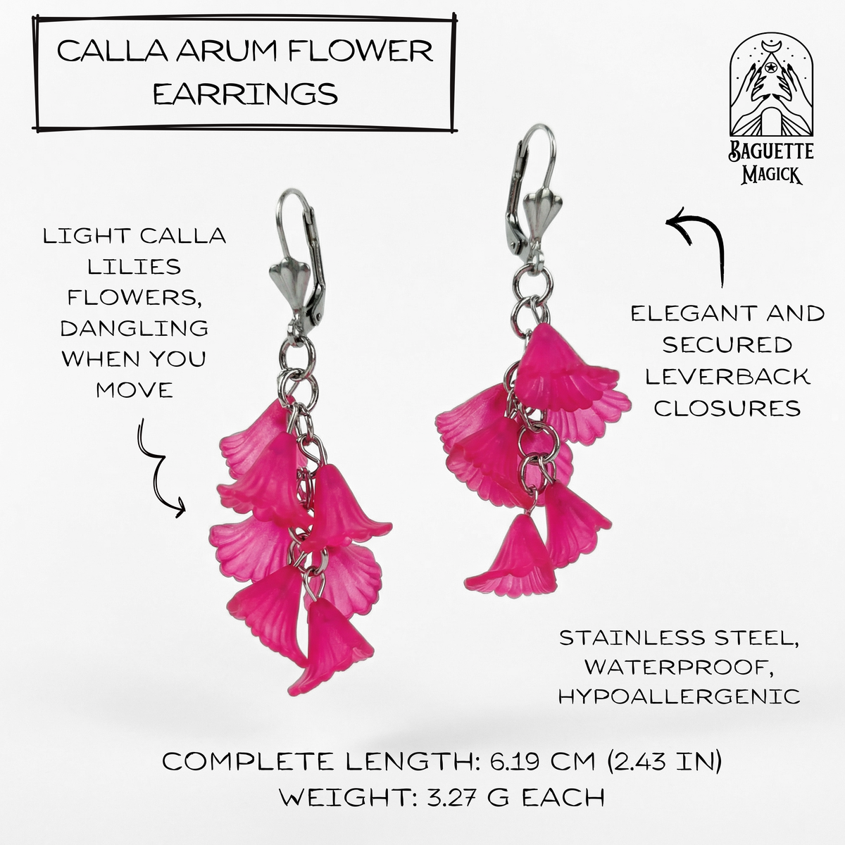 Calla Arum lilies flower earrings, leverback, plum purple Baguette Magick