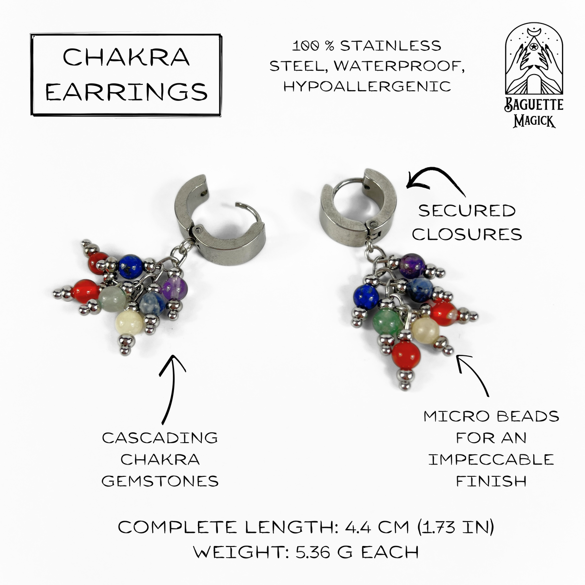 Seven chakra gemstone dangle earrings, crystal beads and stainless steel Baguette Magick