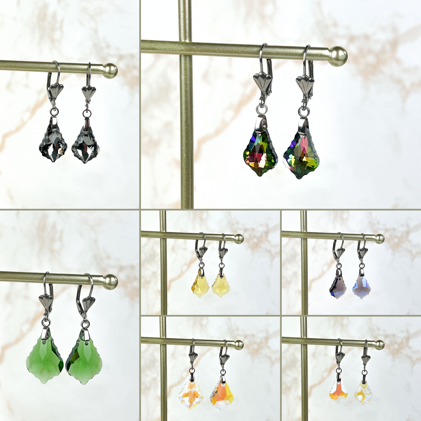Crystal sparkling earrings, Art Deco stainless steel closures Baguette Magick