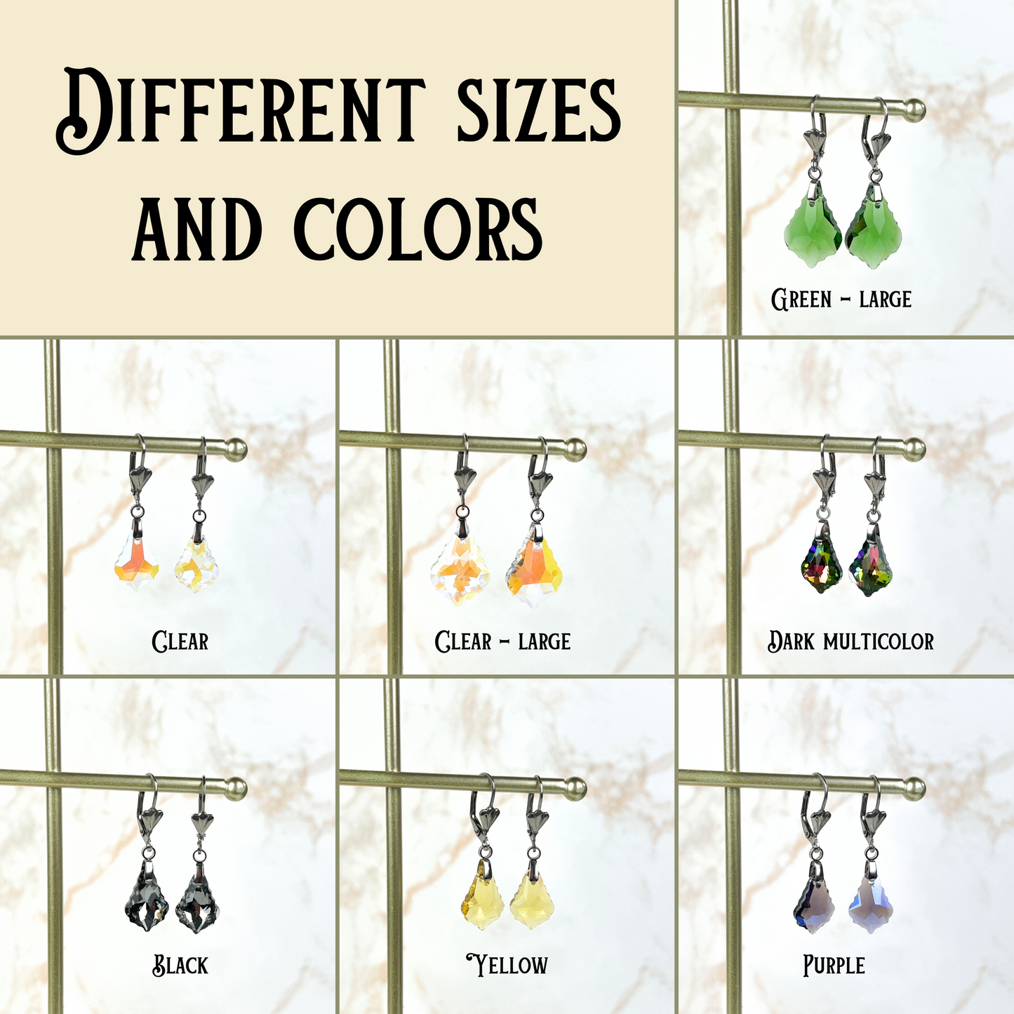 Crystal sparkling earrings, Art Deco stainless steel closures Baguette Magick