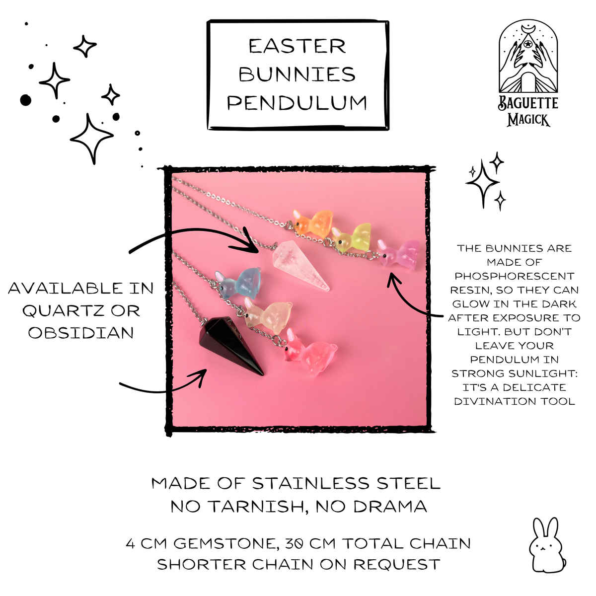 Easter bunnies clear quartz pendulum, stainless steel Baguette Magick