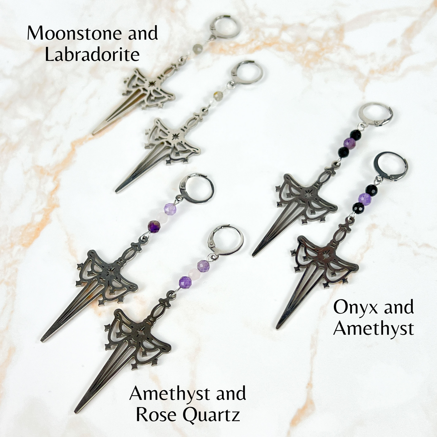 Gemstone sword earrings, stainless steel and faceted beads Baguette Magick