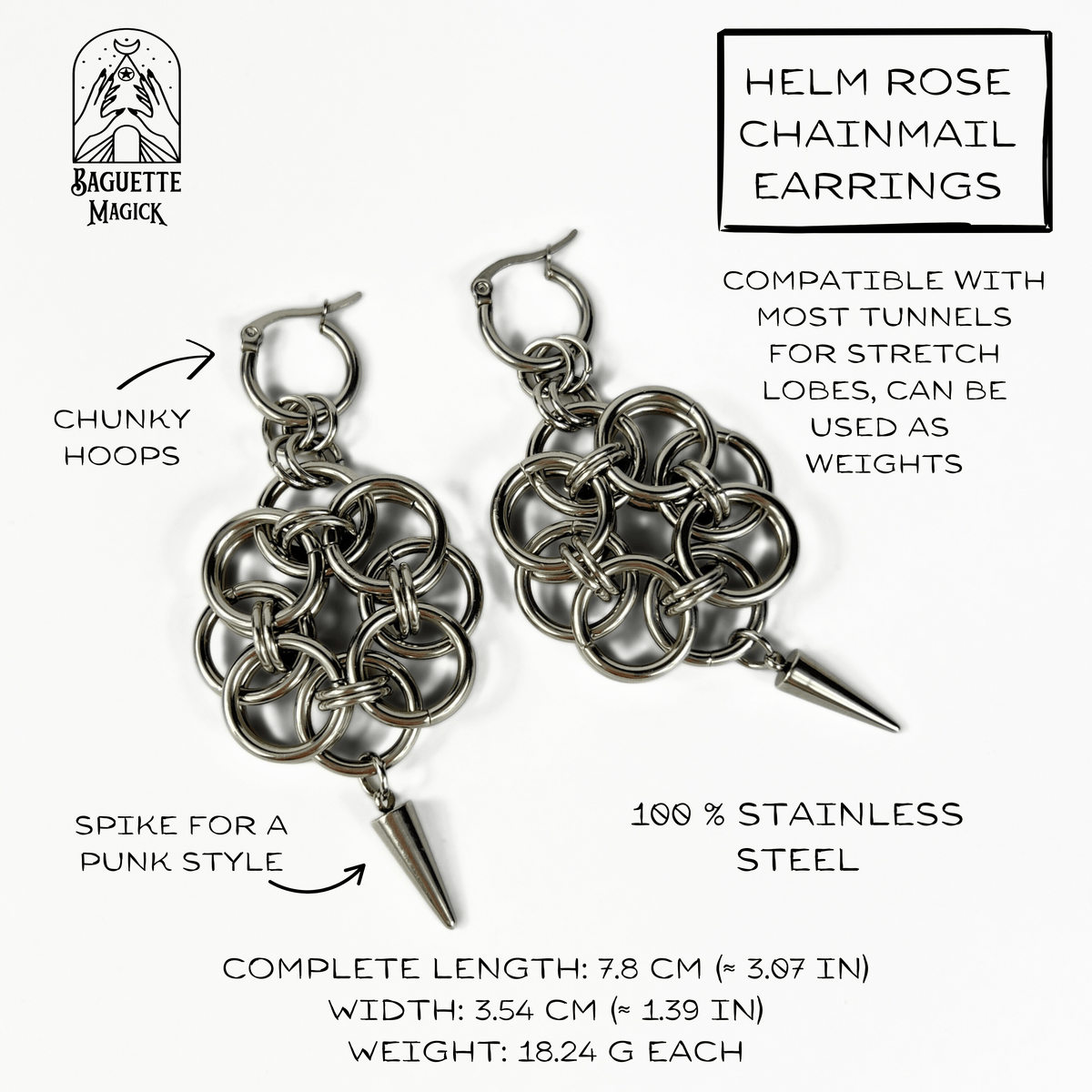 Boucles d'oreilles en cotte de mailles, créoles et pointes Helm Rose