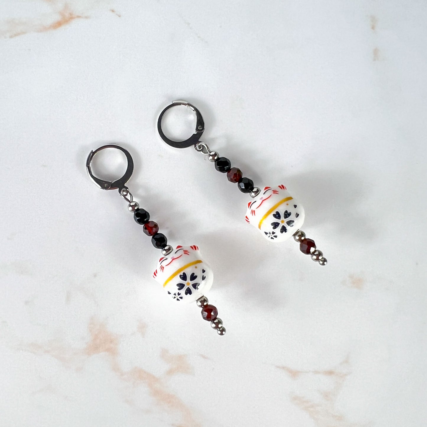 Maneki Neko Magic Earrings – Stainless Steel, Onyx & Garnet, enameled porcelain Baguette Magick