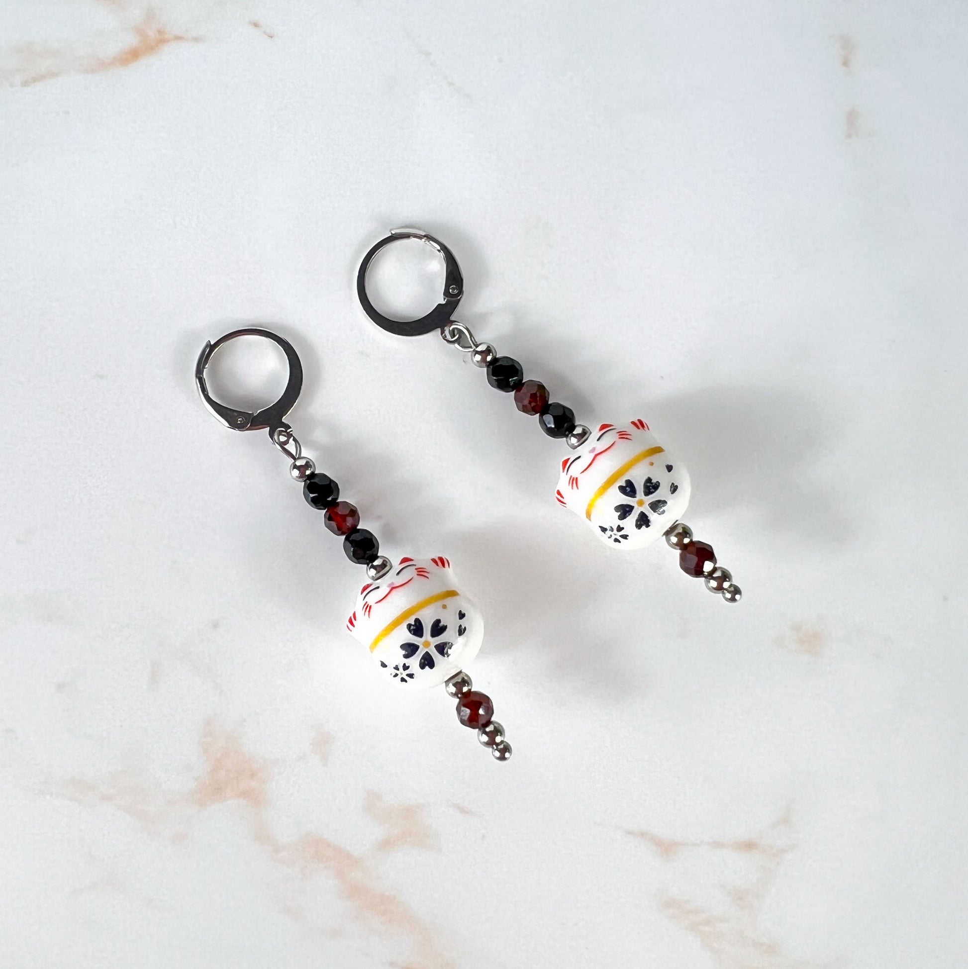 Maneki Neko Magic Earrings – Stainless Steel, Onyx & Garnet, enameled porcelain Baguette Magick