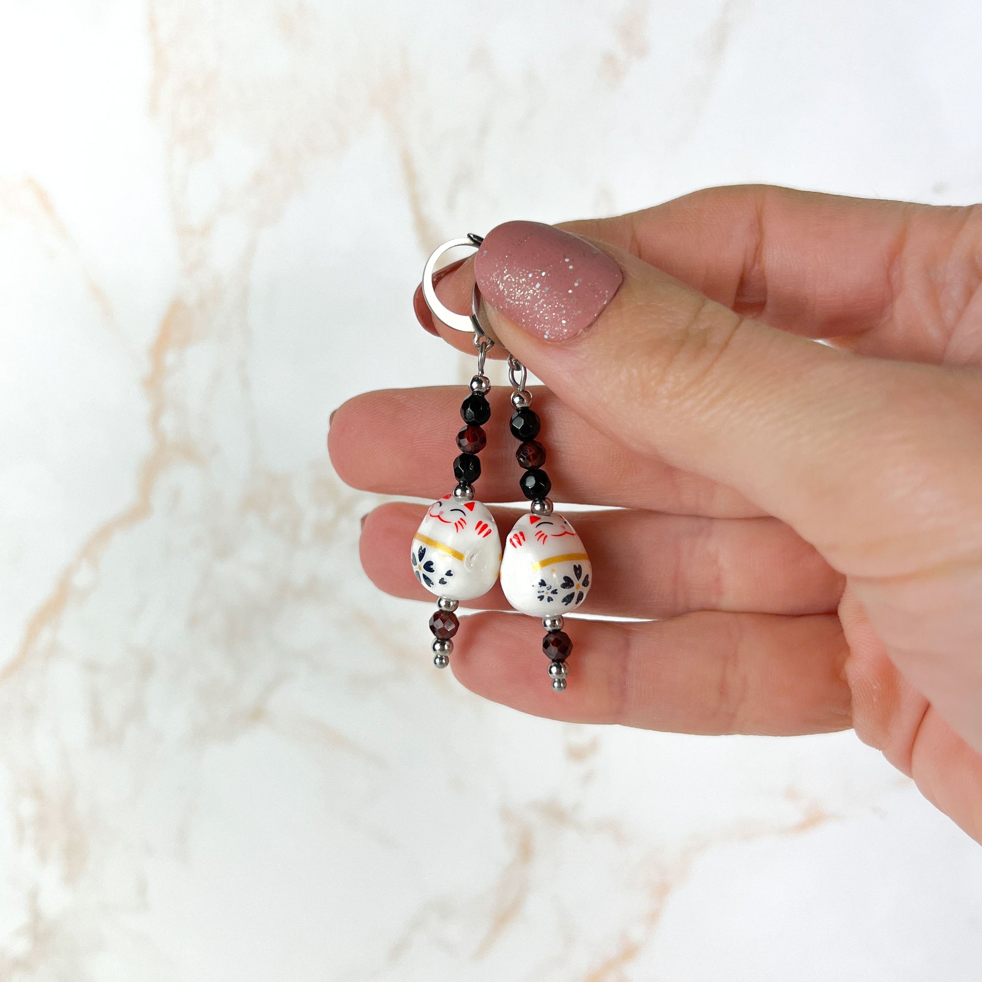 Maneki Neko Magic Earrings – Stainless Steel, Onyx & Garnet, enameled porcelain Baguette Magick