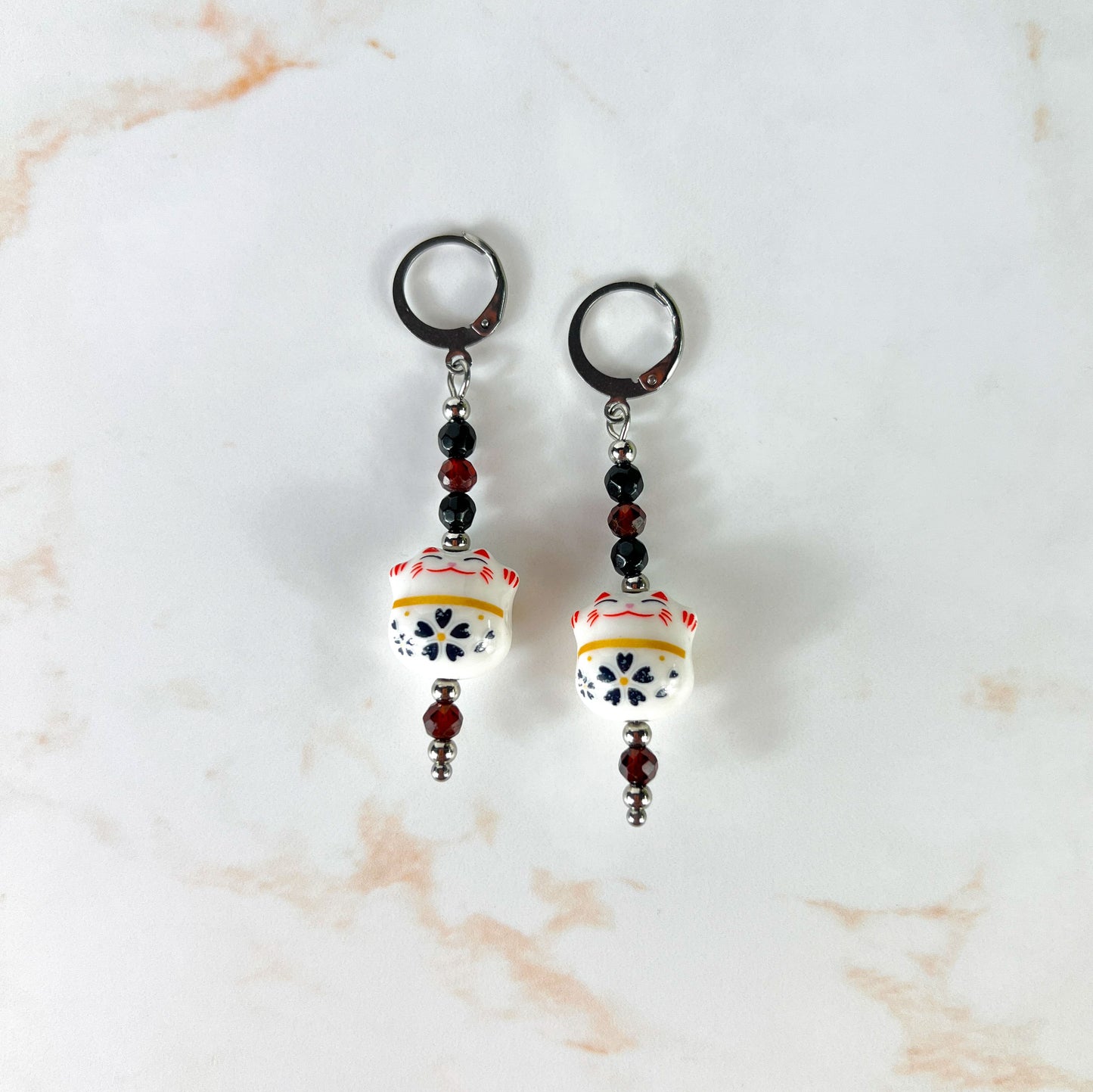 Maneki Neko Magic Earrings – Stainless Steel, Onyx & Garnet, enameled porcelain Baguette Magick