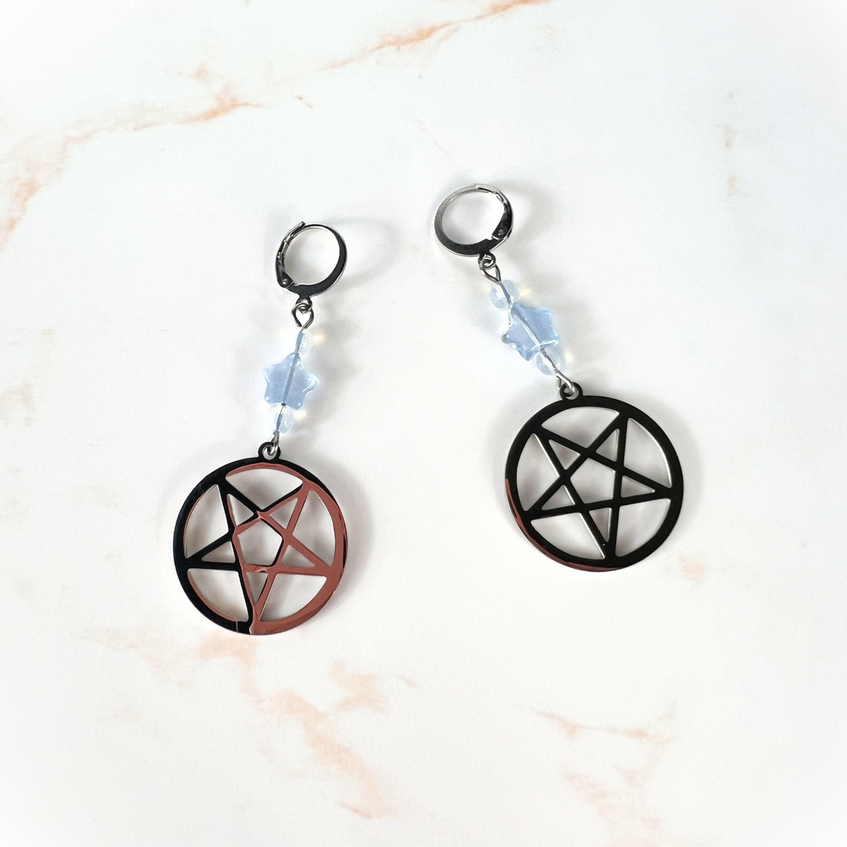Inverted pentacle pastel goth earrings, with blue stars and opalite, stainless steel Baguette Magick