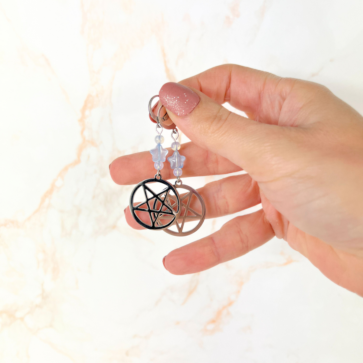 Inverted pentacle pastel goth earrings, with blue stars and opalite, stainless steel Baguette Magick