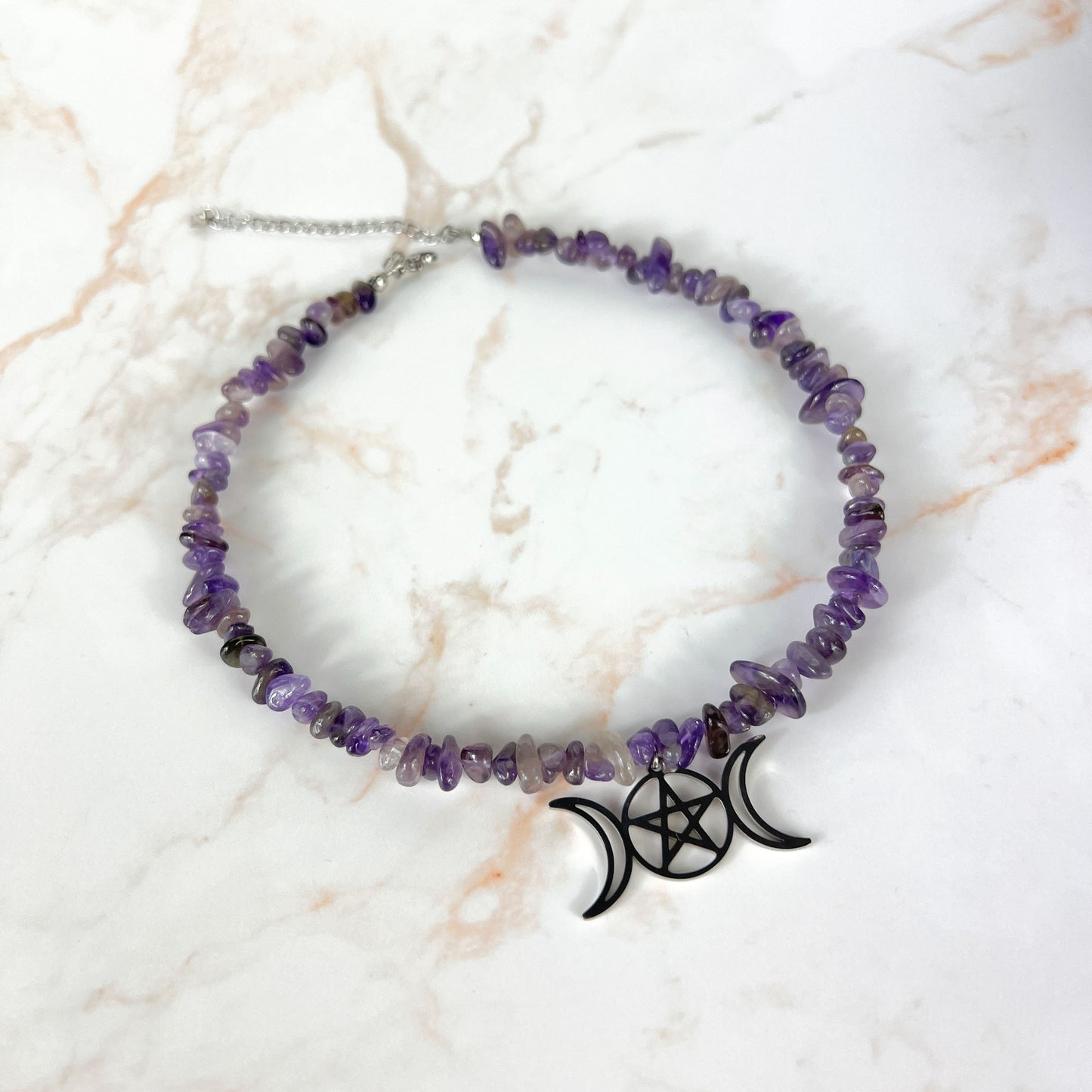Triple Moon and pentacle raw Amethyst necklace choker, stainless steel Baguette Magick