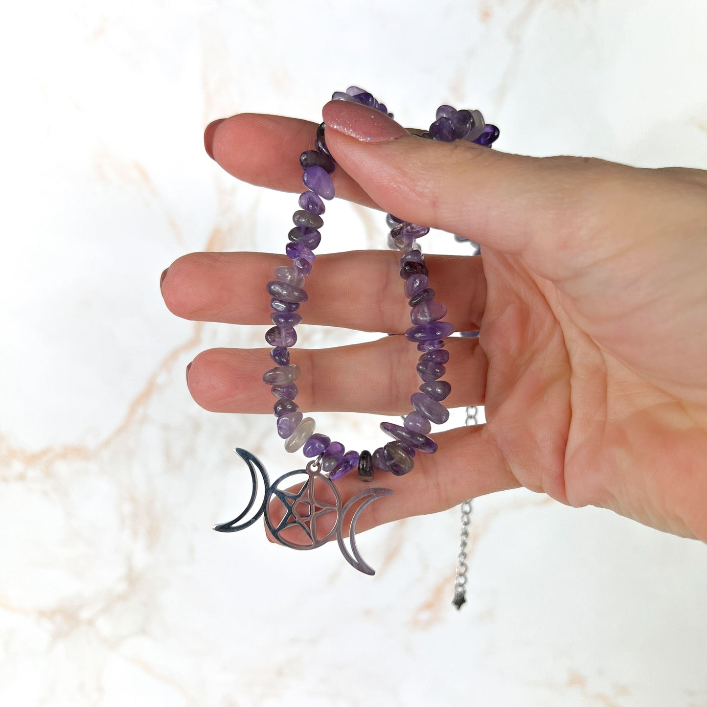 Triple Moon and pentacle raw Amethyst necklace choker, stainless steel Baguette Magick