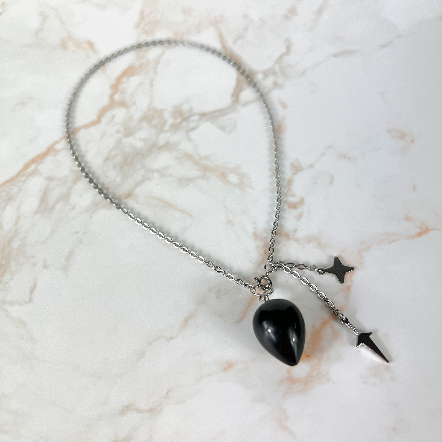 Obsidian, kunai and shuriken pendulum necklace, stainless steel Baguette Magick