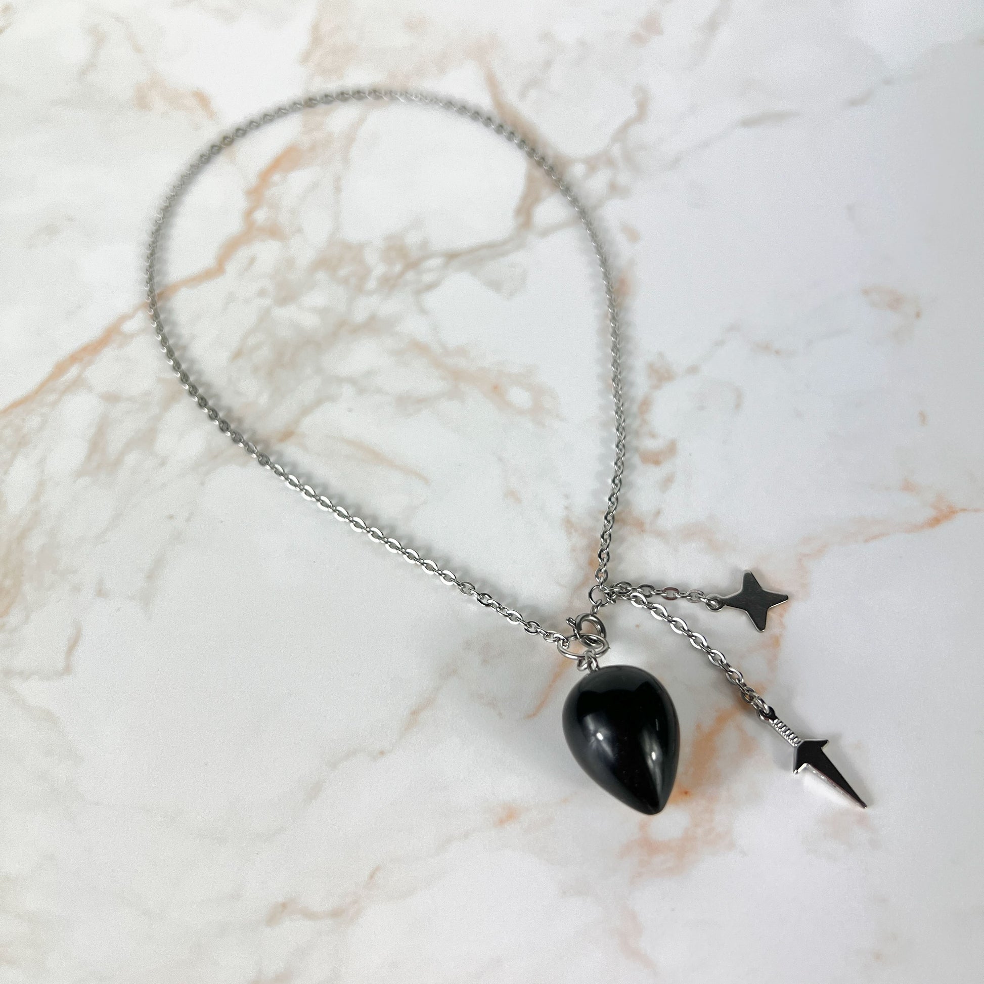 Obsidian, kunai and shuriken pendulum necklace, stainless steel Baguette Magick