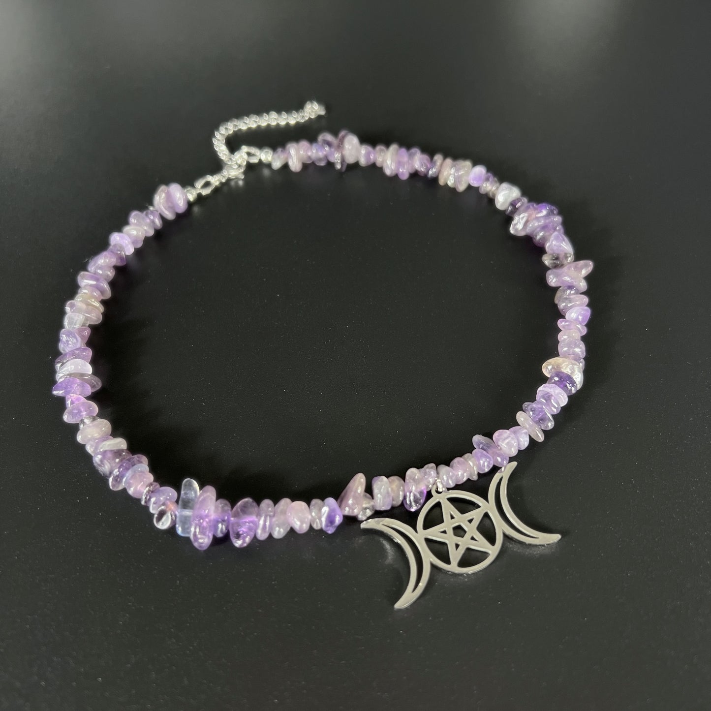 Triple Moon and pentacle raw Amethyst necklace choker, stainless steel Baguette Magick