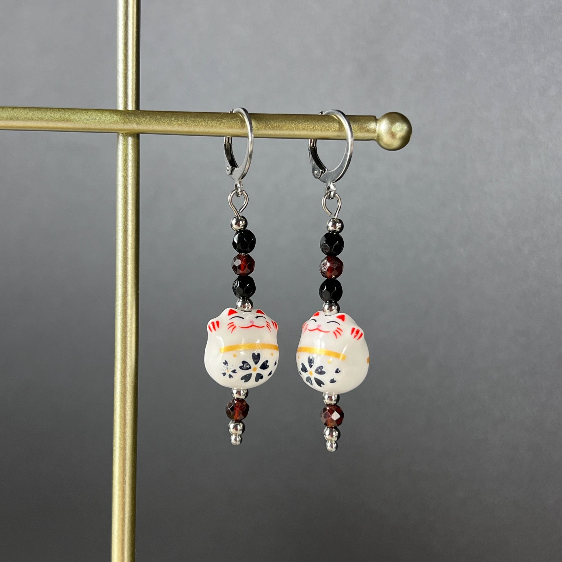 Maneki Neko Magic Earrings – Stainless Steel, Onyx & Garnet, enameled porcelain Baguette Magick