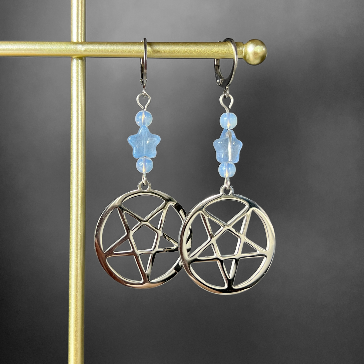 Inverted pentacle pastel goth earrings, with blue stars and opalite, stainless steel Baguette Magick