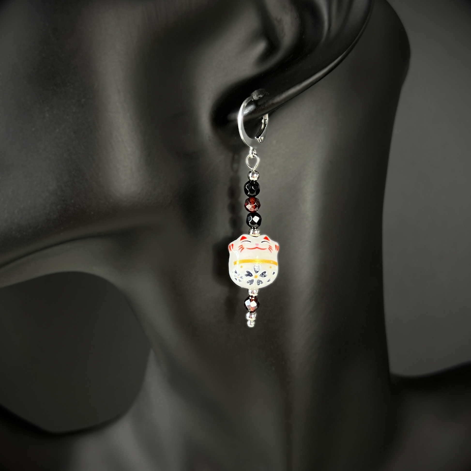Maneki Neko Magic Earrings – Stainless Steel, Onyx & Garnet, enameled porcelain Baguette Magick