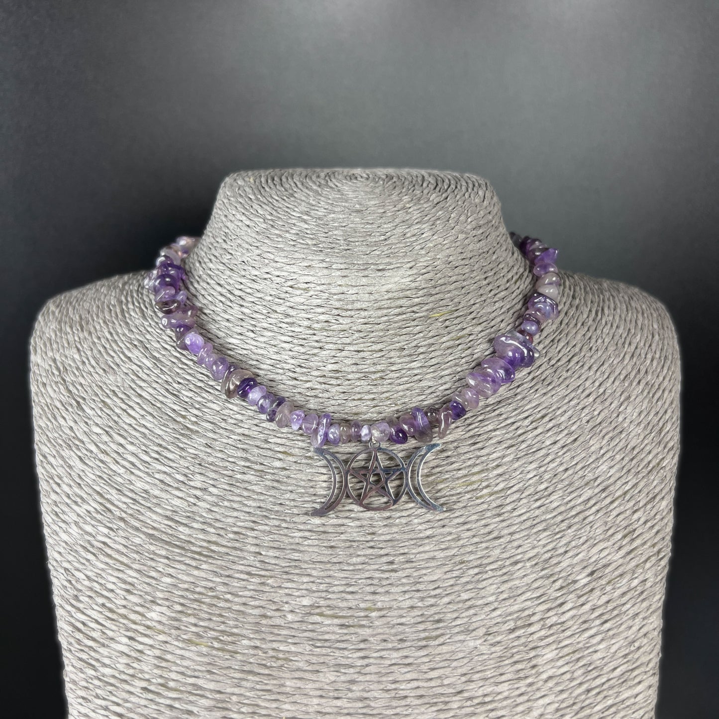 Triple Moon and pentacle raw Amethyst necklace choker, stainless steel Baguette Magick