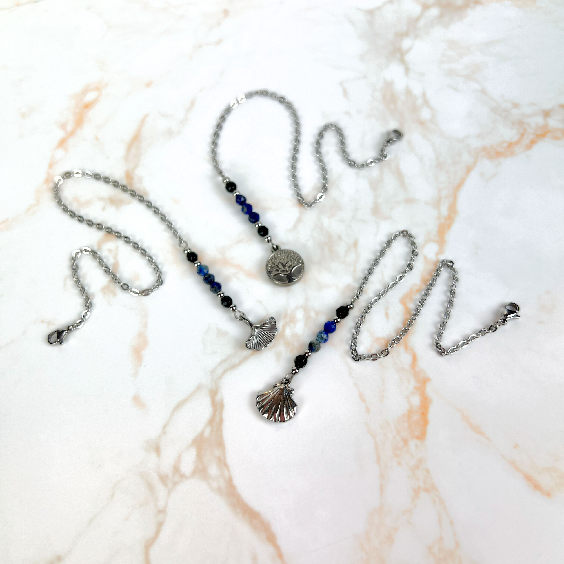 Pendulum chain, Onyx and Lapis Lazuli, Ginko leaf, Tree of life, Scallop shell, stainless steel Baguette Magick