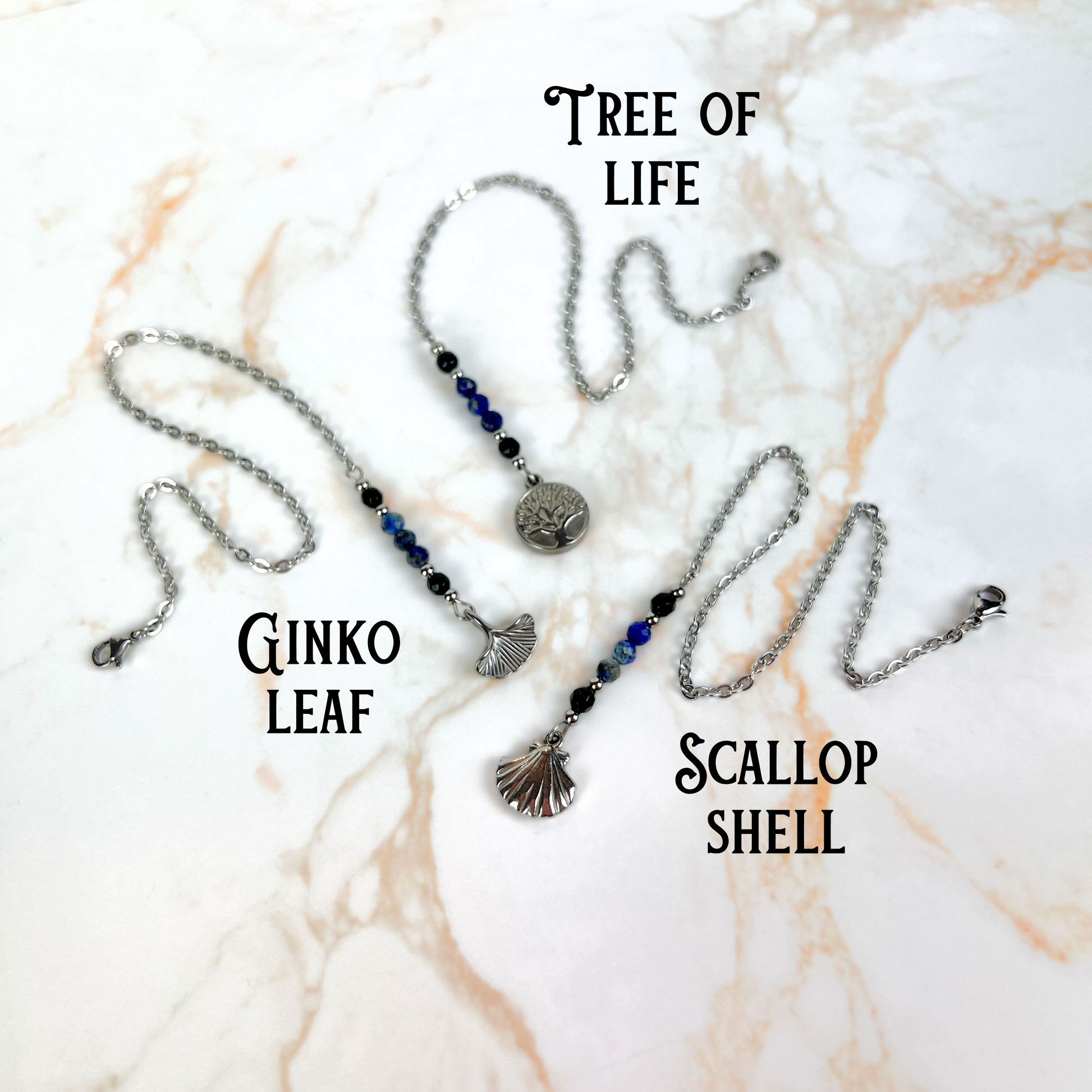 Pendulum chain, Onyx and Lapis Lazuli, Ginko leaf, Tree of life, Scallop shell, stainless steel Baguette Magick