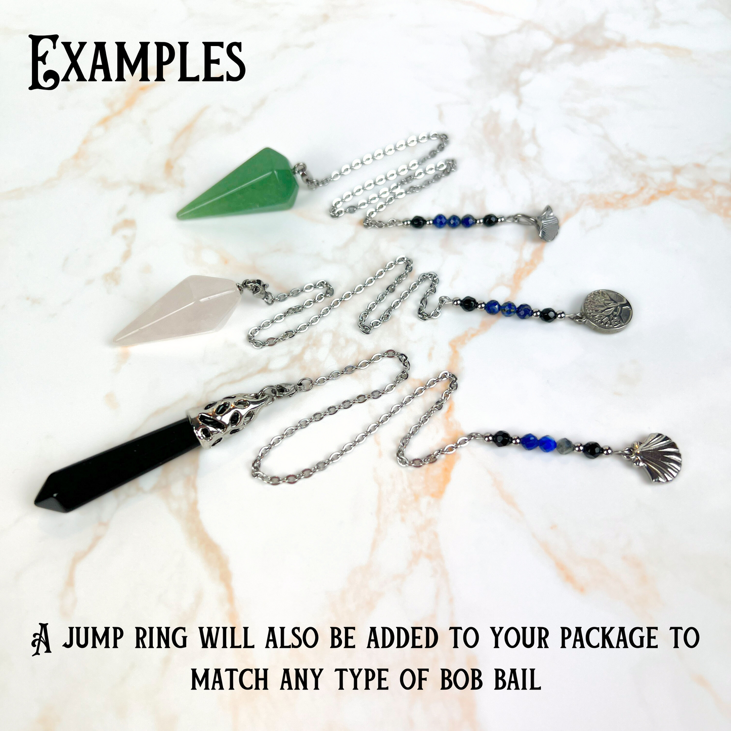 Pendulum chain, Onyx and Lapis Lazuli, Ginko leaf, Tree of life, Scallop shell, stainless steel Baguette Magick