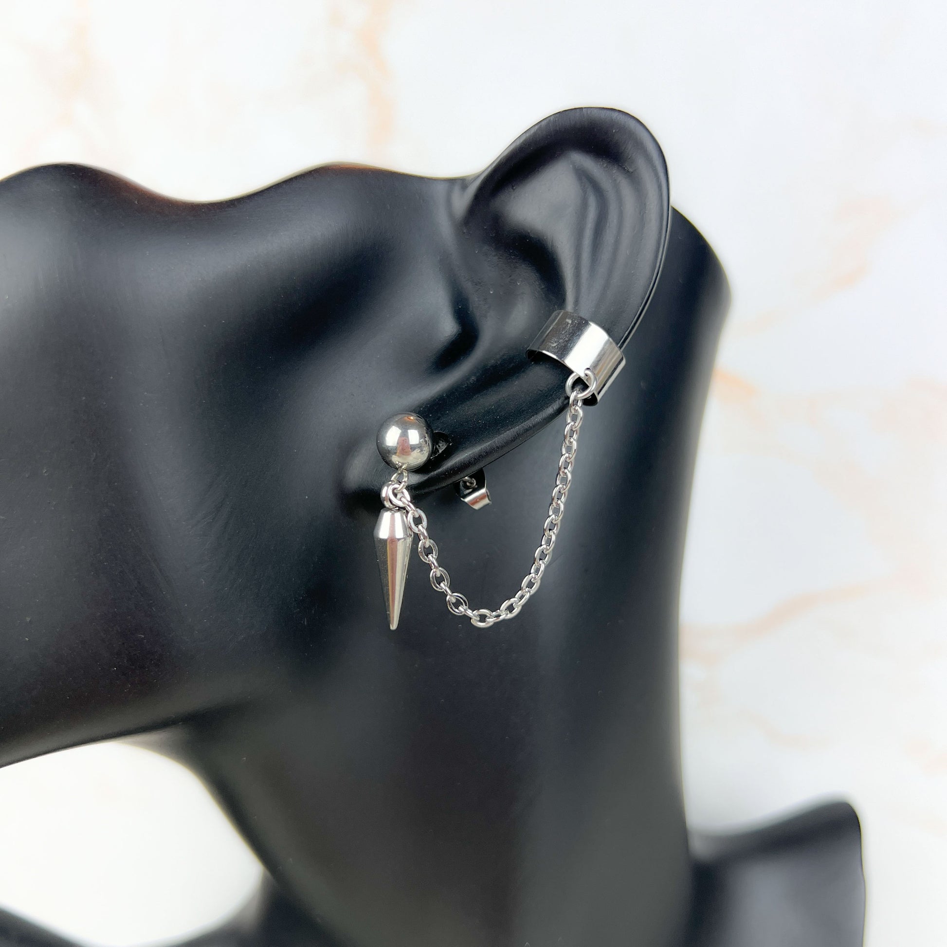 Spike, chain and cuff stud earring, mono or pair, stainless steel Baguette Magick