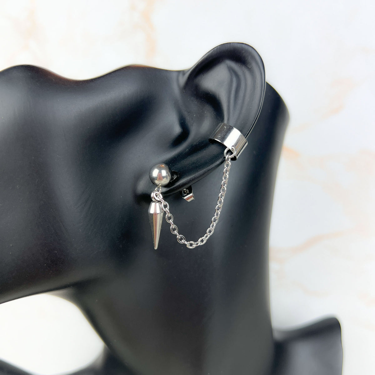 Spike, chain and cuff stud earring, mono or pair, stainless steel Baguette Magick