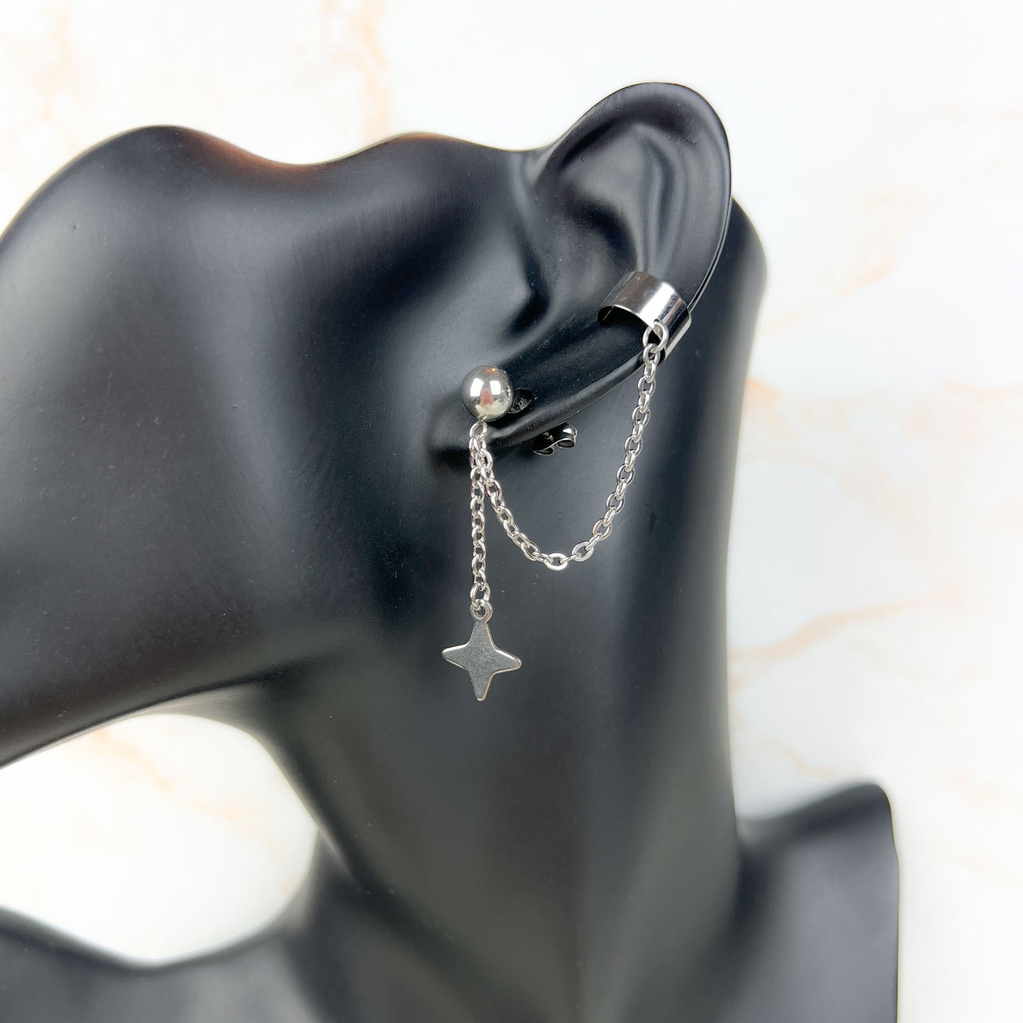 Shuriken star, chain and cuff stud earring, mono or pair, stainless steel Baguette Magick