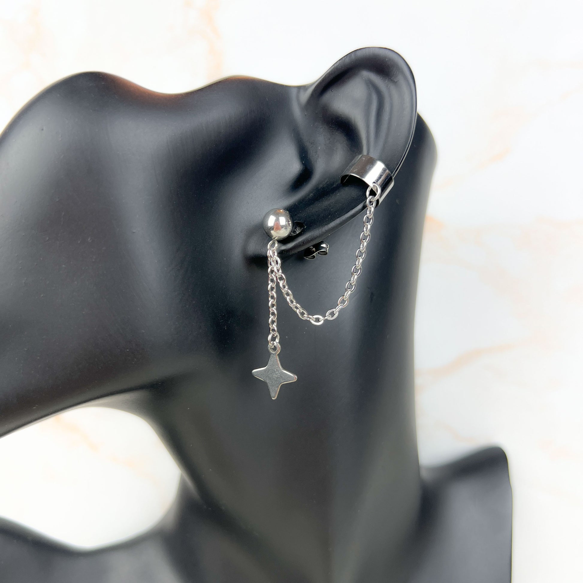 Shuriken star, chain and cuff stud earring, mono or pair, stainless steel Baguette Magick