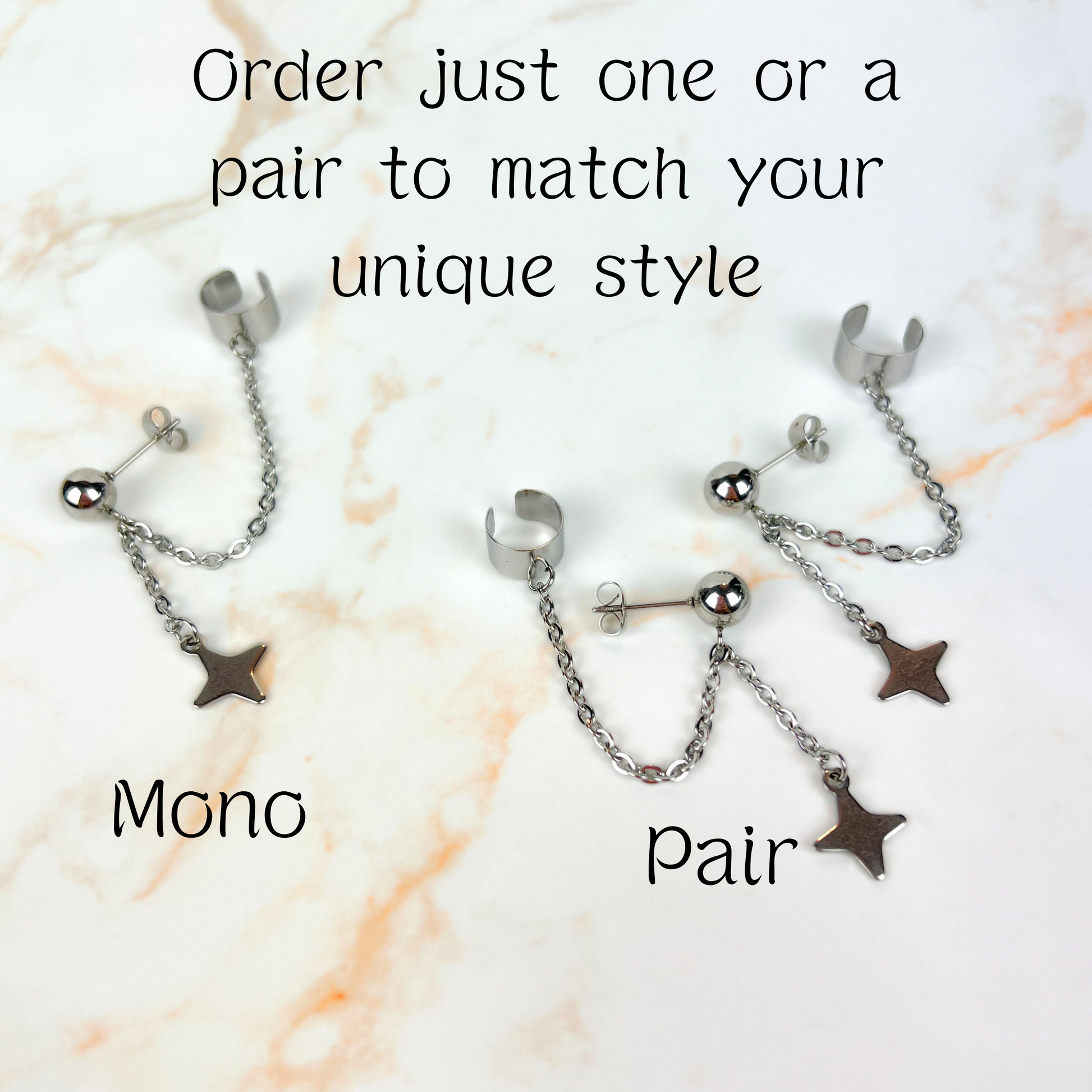Shuriken star, chain and cuff stud earring, mono or pair, stainless steel Baguette Magick