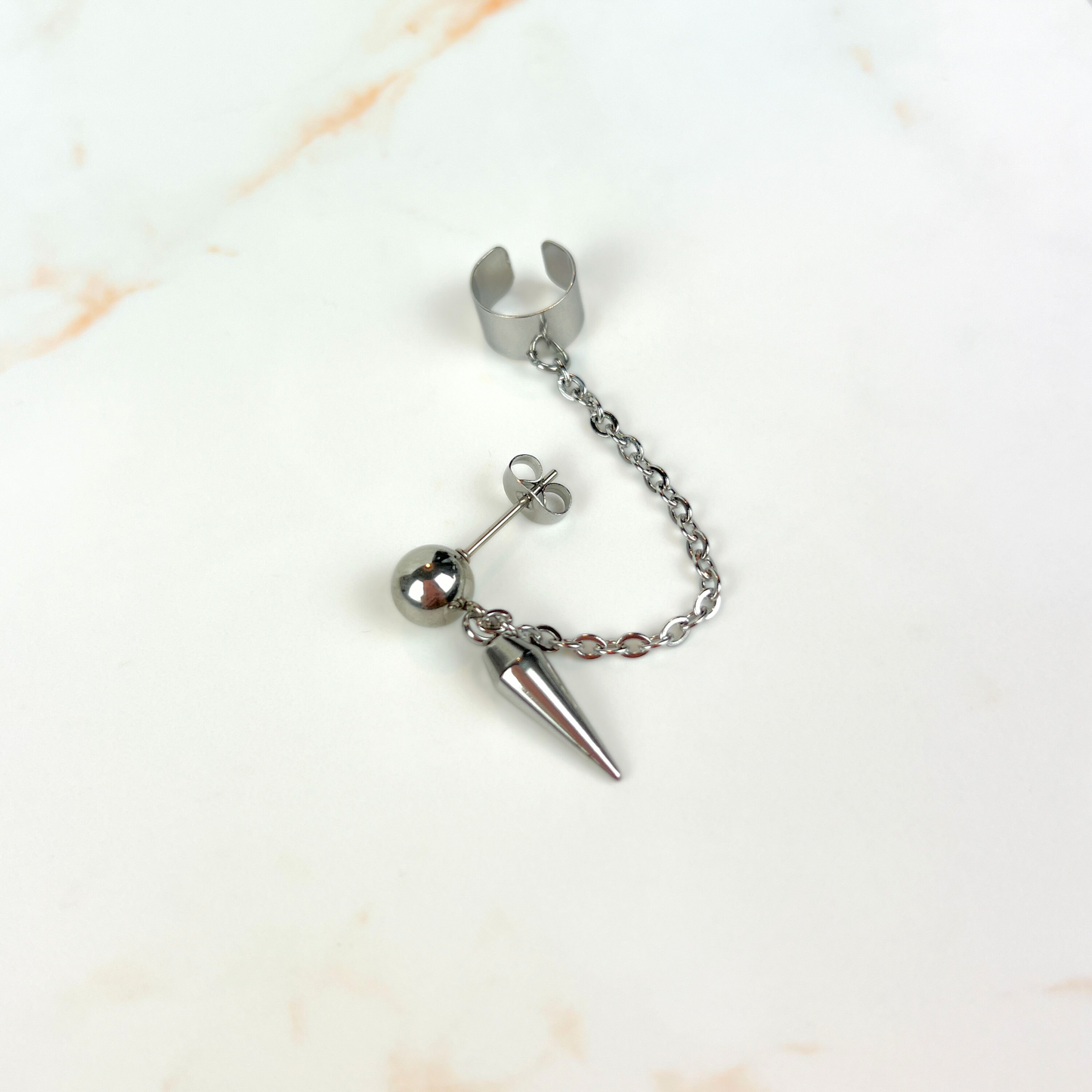 Spike, chain and cuff stud earring, mono or pair, stainless steel Baguette Magick
