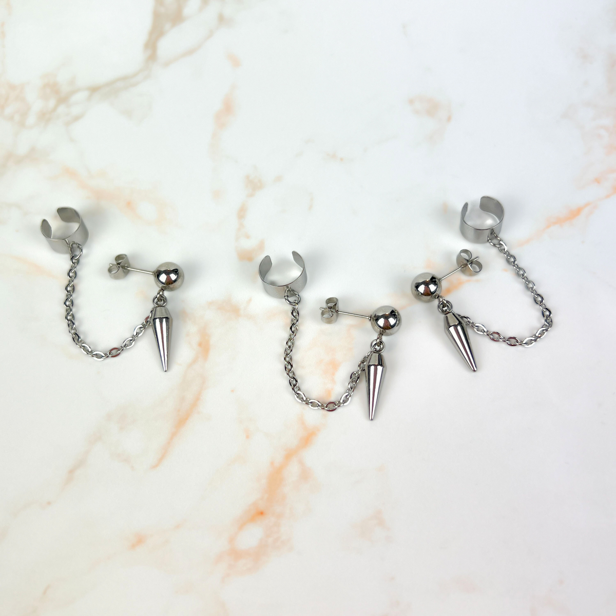 Spike, chain and cuff stud earring, mono or pair, stainless steel Baguette Magick