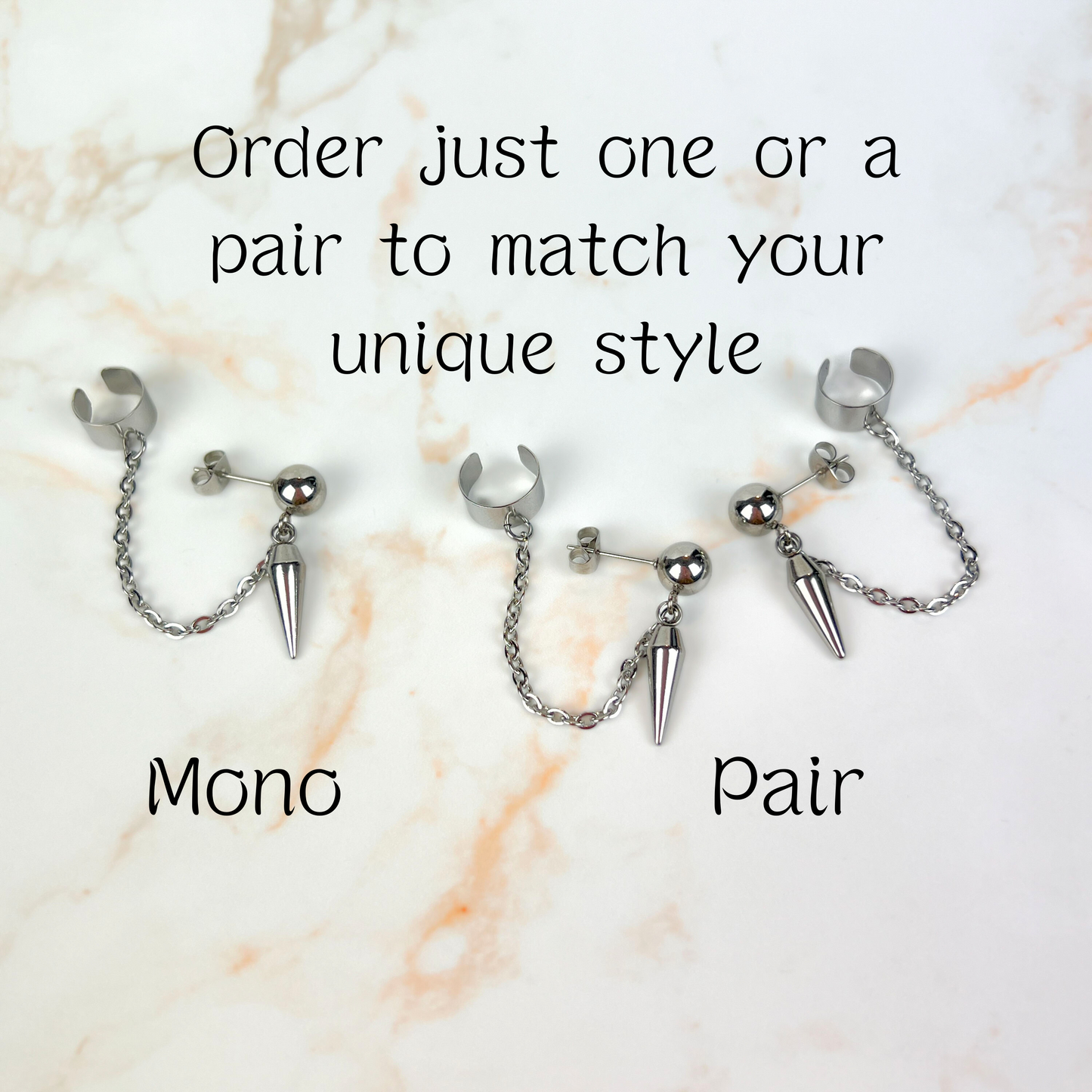 Spike, chain and cuff stud earring, mono or pair, stainless steel Baguette Magick