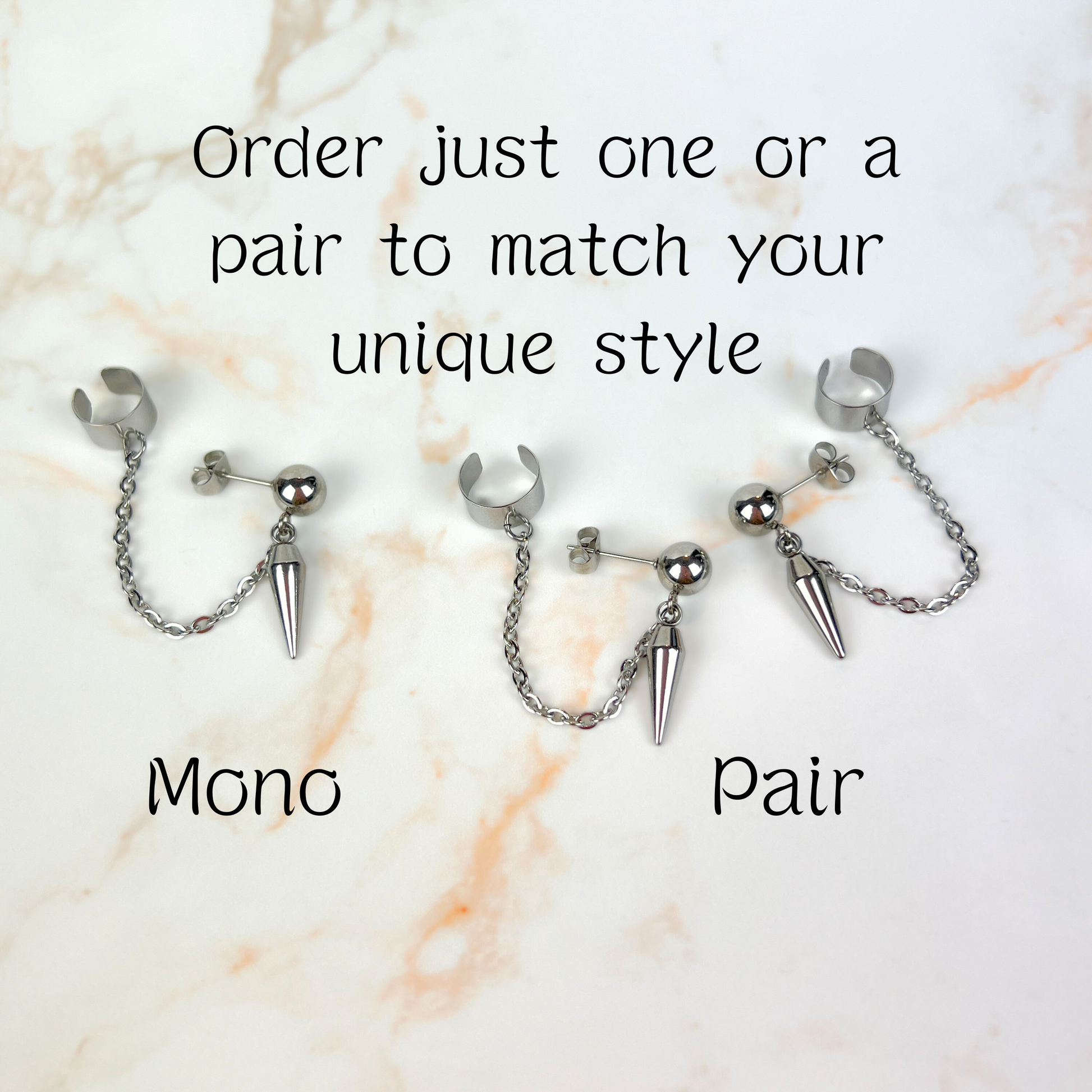 Spike, chain and cuff stud earring, mono or pair, stainless steel Baguette Magick
