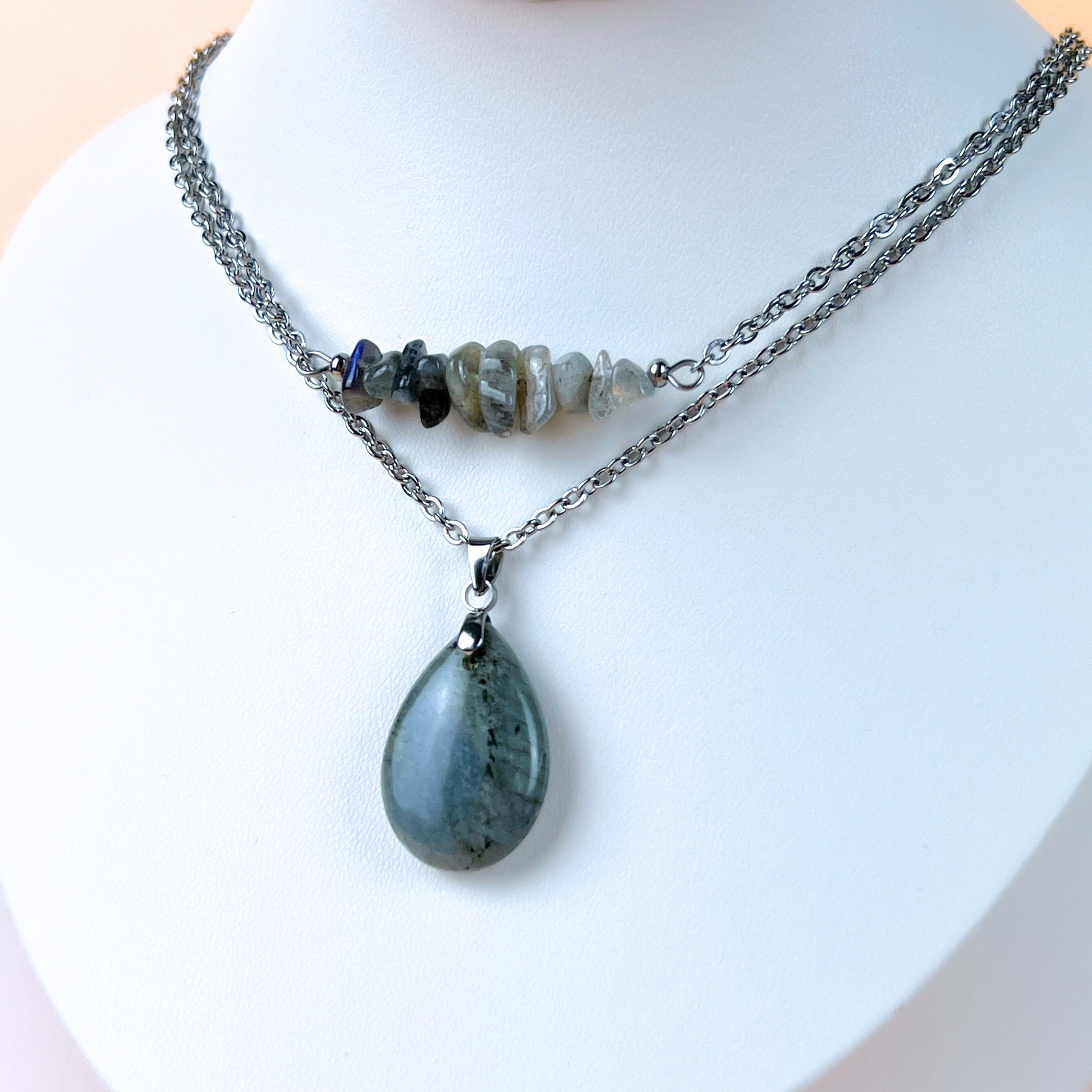 Set of two labradorite layered necklaces in stainless steel Baguette Magick
