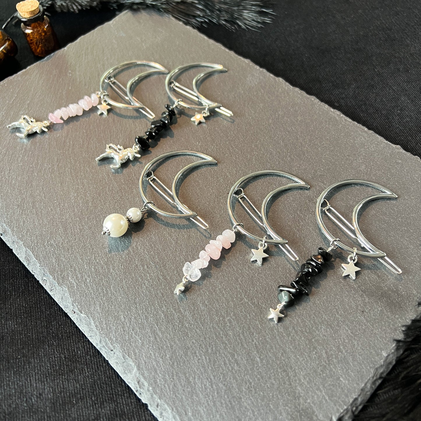 Moon crescent hair clip barrette rose quartz obsidian pearl witch hair accessory