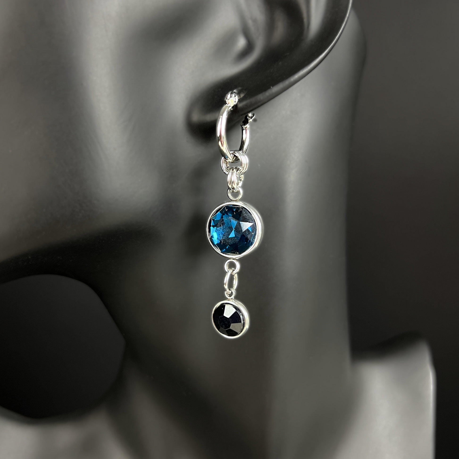 The Femme fatale earrings, rhinestones dangle and drop hoops, stainless steel Baguette Magick