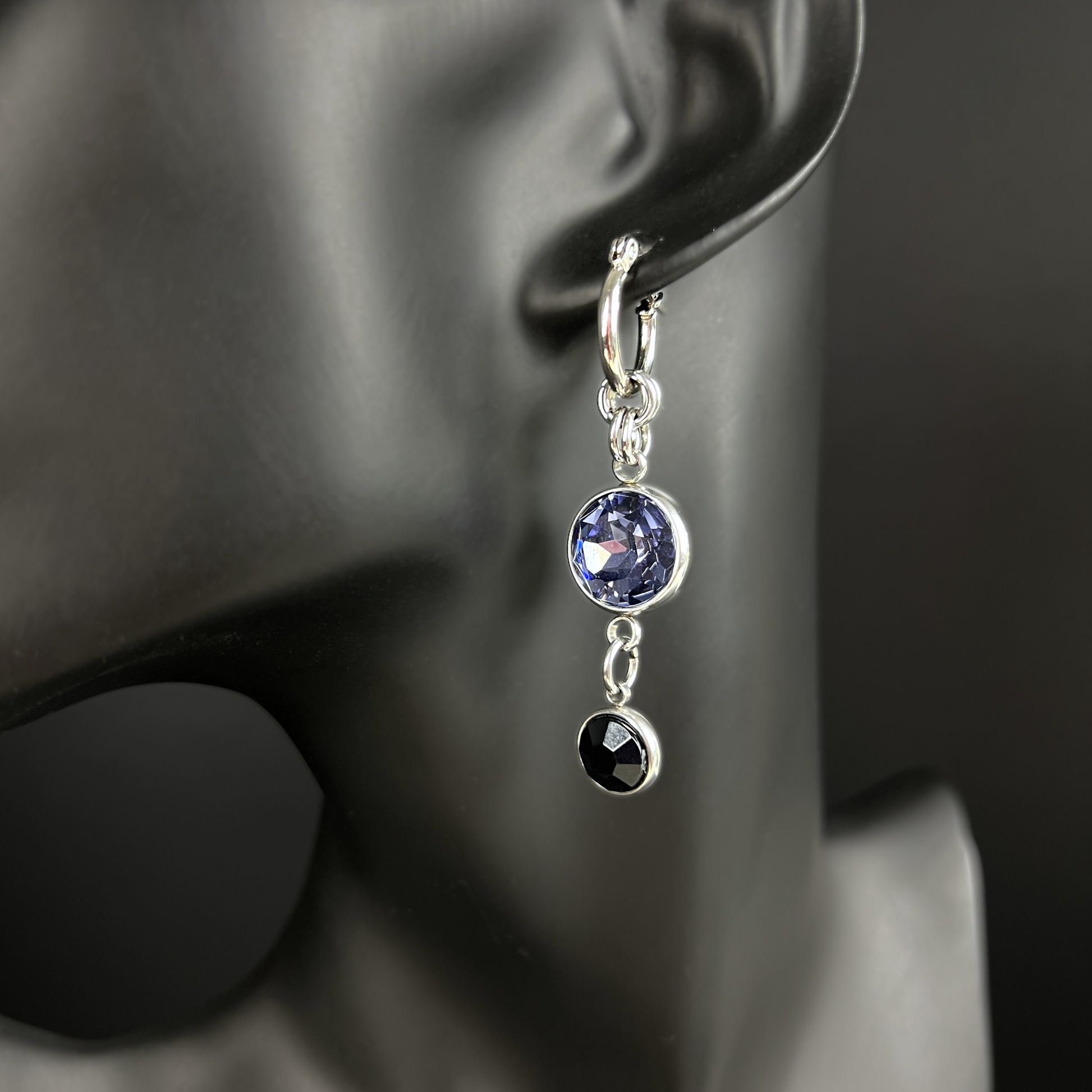 The Femme fatale earrings, rhinestones dangle and drop hoops, stainless steel Baguette Magick