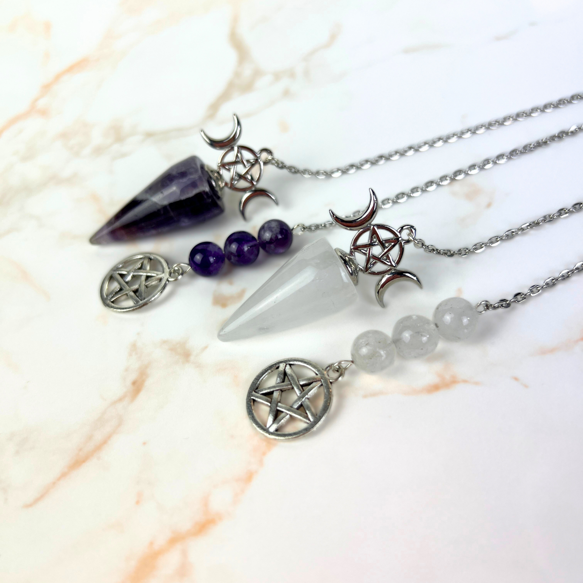 Triple Moon and Pentacle dowsing pendulum clear quartz or amethyst Baguette Magick