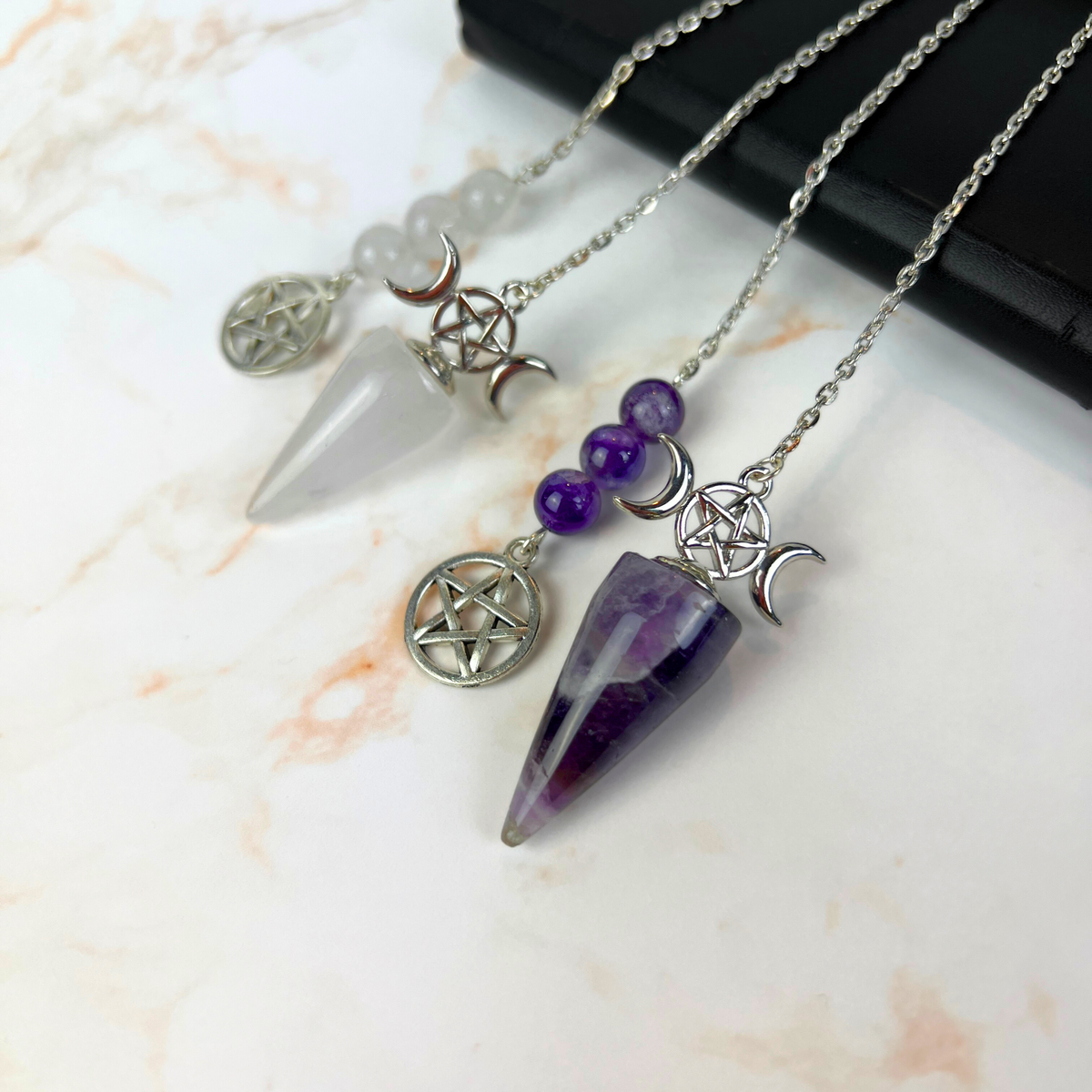 Triple Moon and Pentacle dowsing pendulum clear quartz or amethyst Baguette Magick