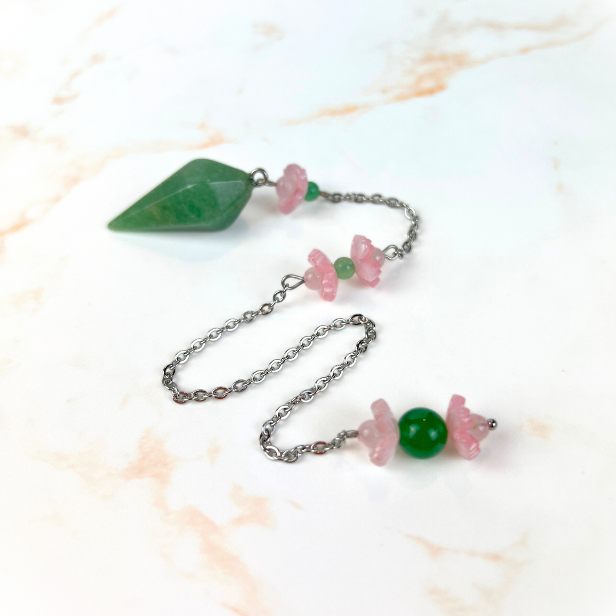 Aventurine and rose quartz sakura flower pendulum, stainless steel Baguette Magick