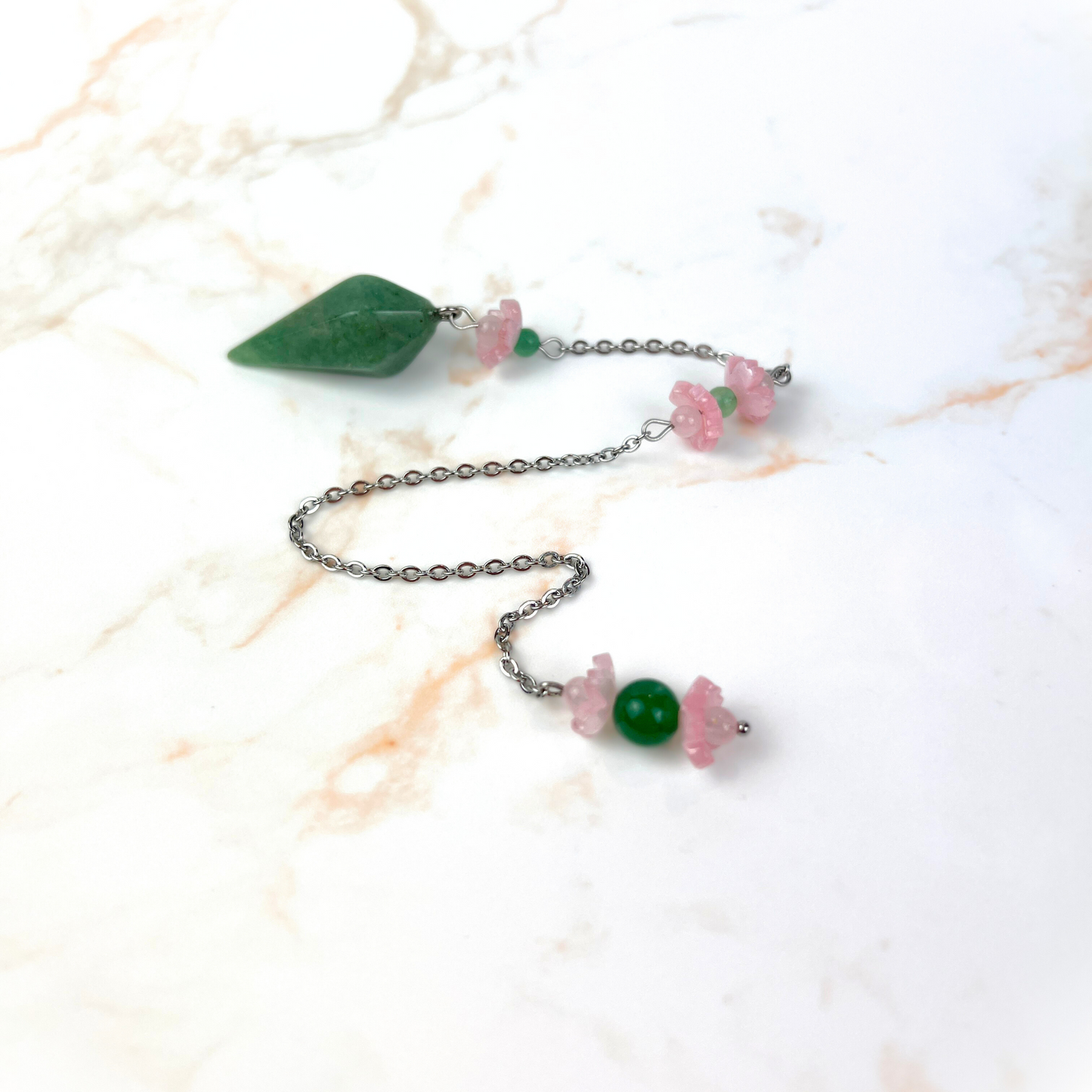 Aventurine and rose quartz sakura flower pendulum, stainless steel Baguette Magick