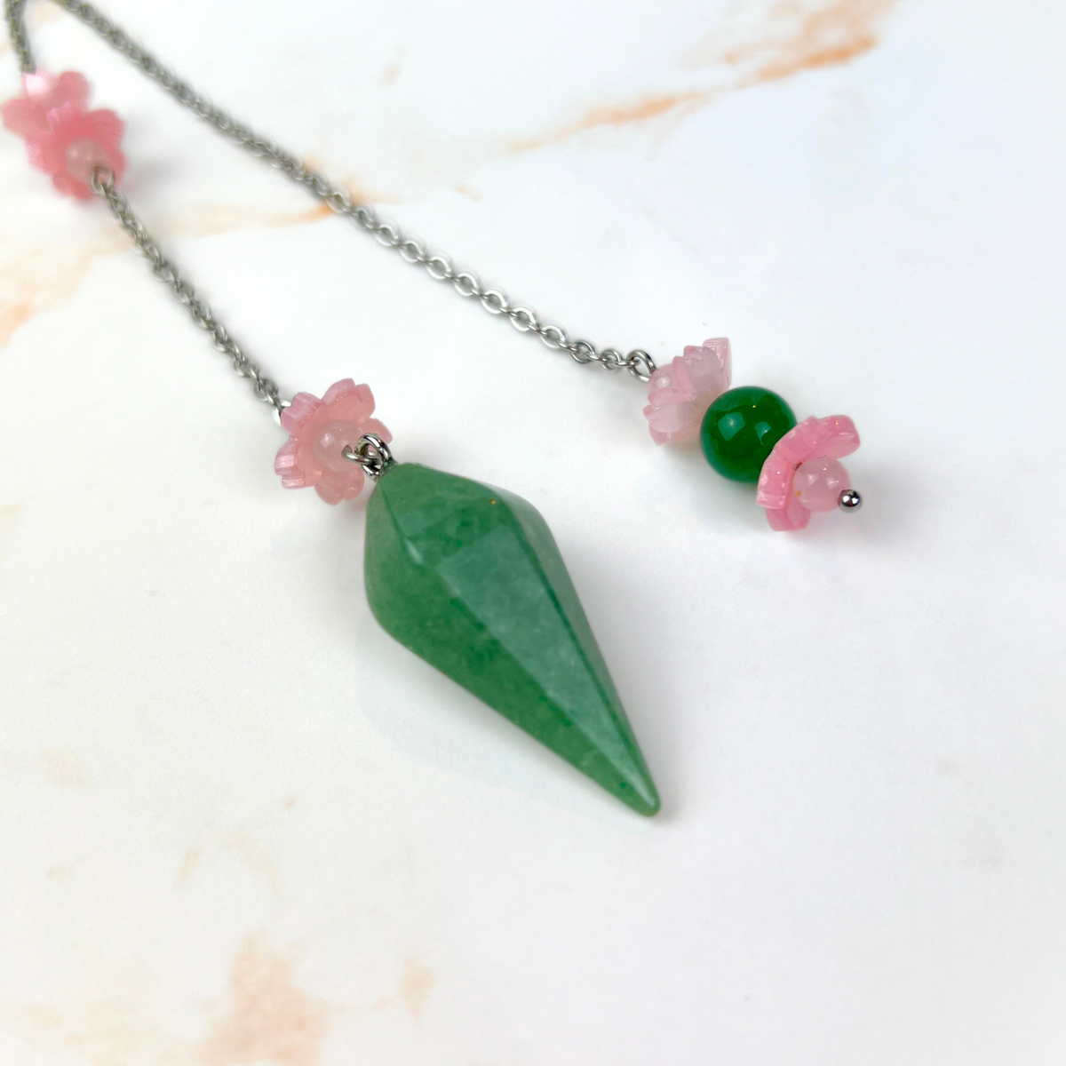 Aventurine and rose quartz sakura flower pendulum, stainless steel Baguette Magick