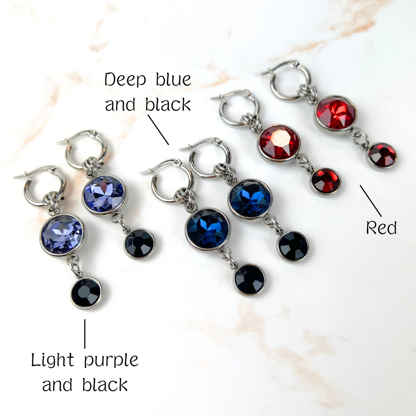 The Femme fatale earrings, rhinestones dangle and drop hoops, stainless steel Baguette Magick