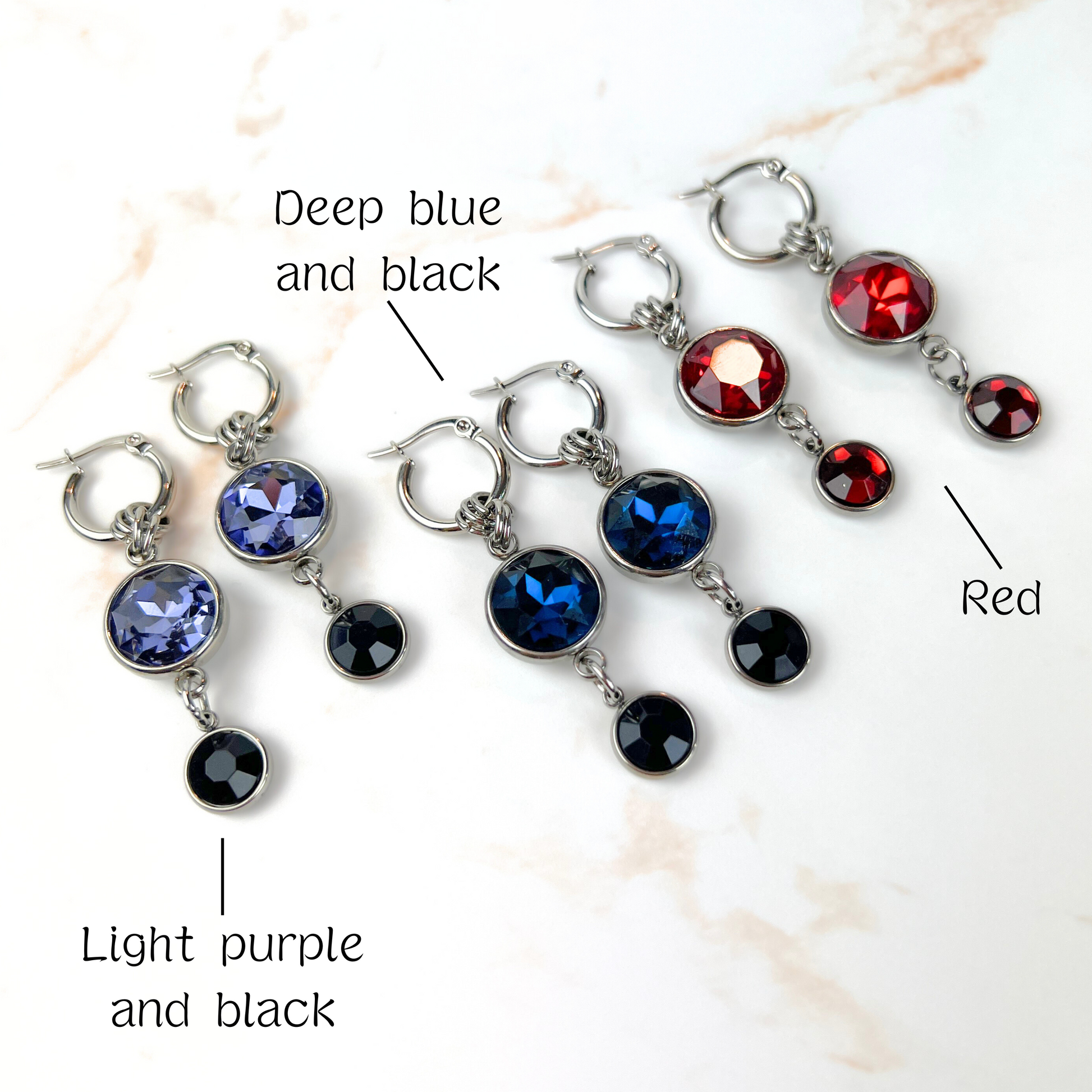 The Femme fatale earrings, rhinestones dangle and drop hoops, stainless steel Baguette Magick